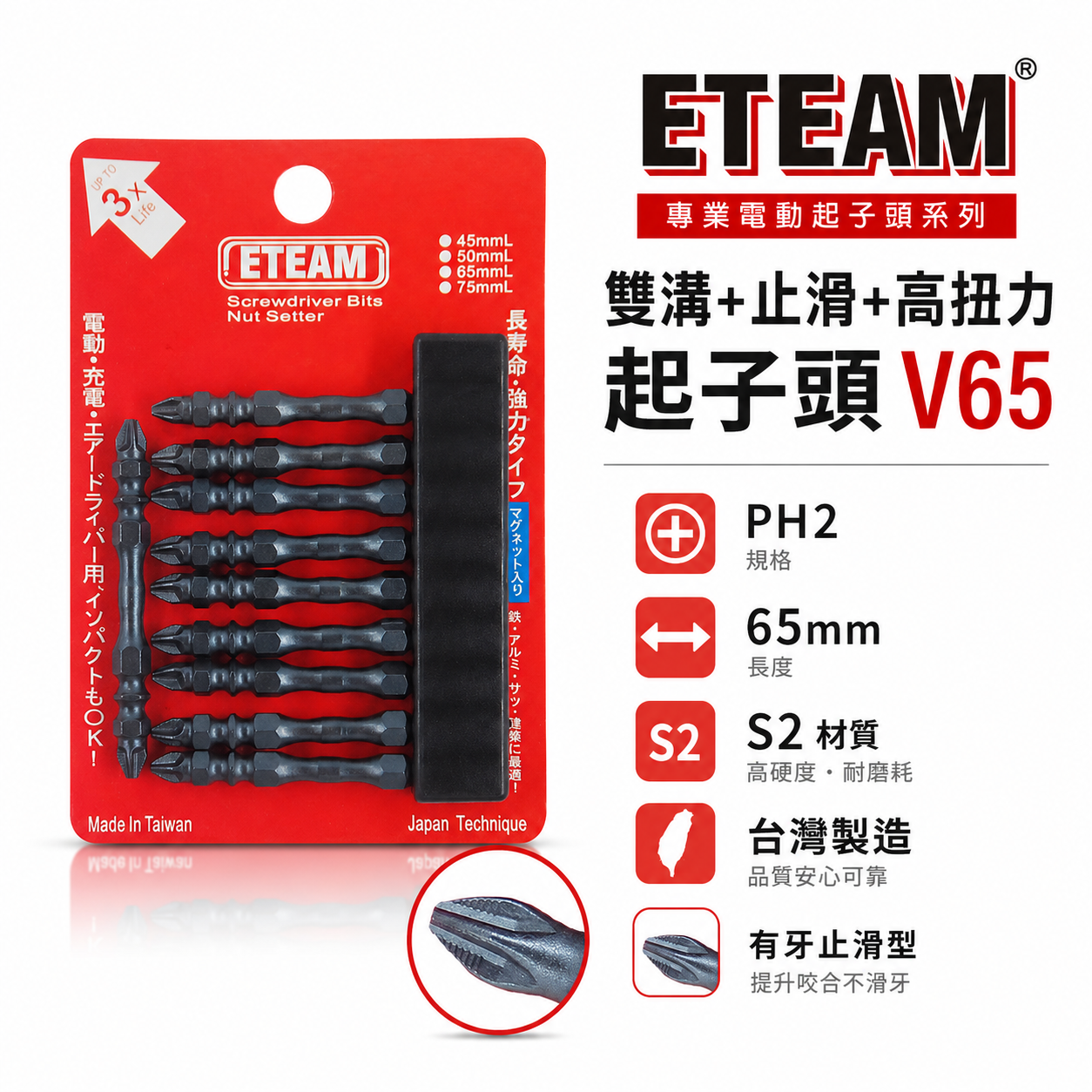 ETEAM 一等｜PH2 長65mm 雙溝+止滑+高扭力起子頭｜防打滑雙十字起子頭 雙十字頭｜V65｜台灣製