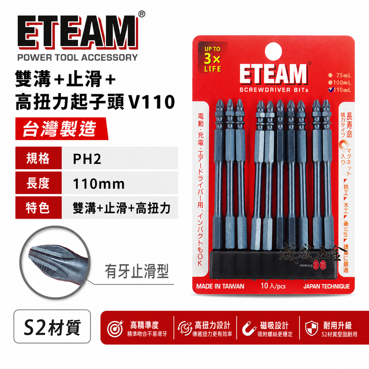 ETEAM 一等｜PH2 長 110mm 雙溝+止滑+高扭力起子頭｜防打滑 雙十字起子頭 雙十字頭｜V110