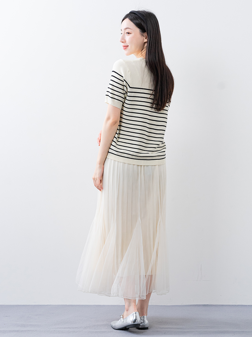 細織條紋針織衫百褶拼接層次魚尾紗裙組合