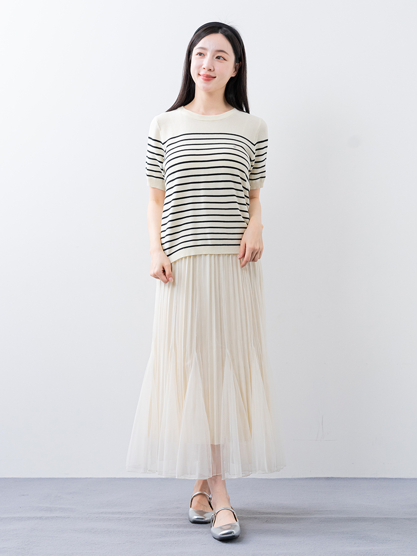 細織條紋針織衫百褶拼接層次魚尾紗裙組合