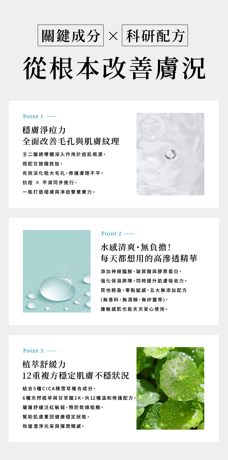 艾姿琳壬二酸淨痘安瓶成分示意圖，含壬二酸誘導體、神經醯胺、玻尿酸與膠原蛋白等成分