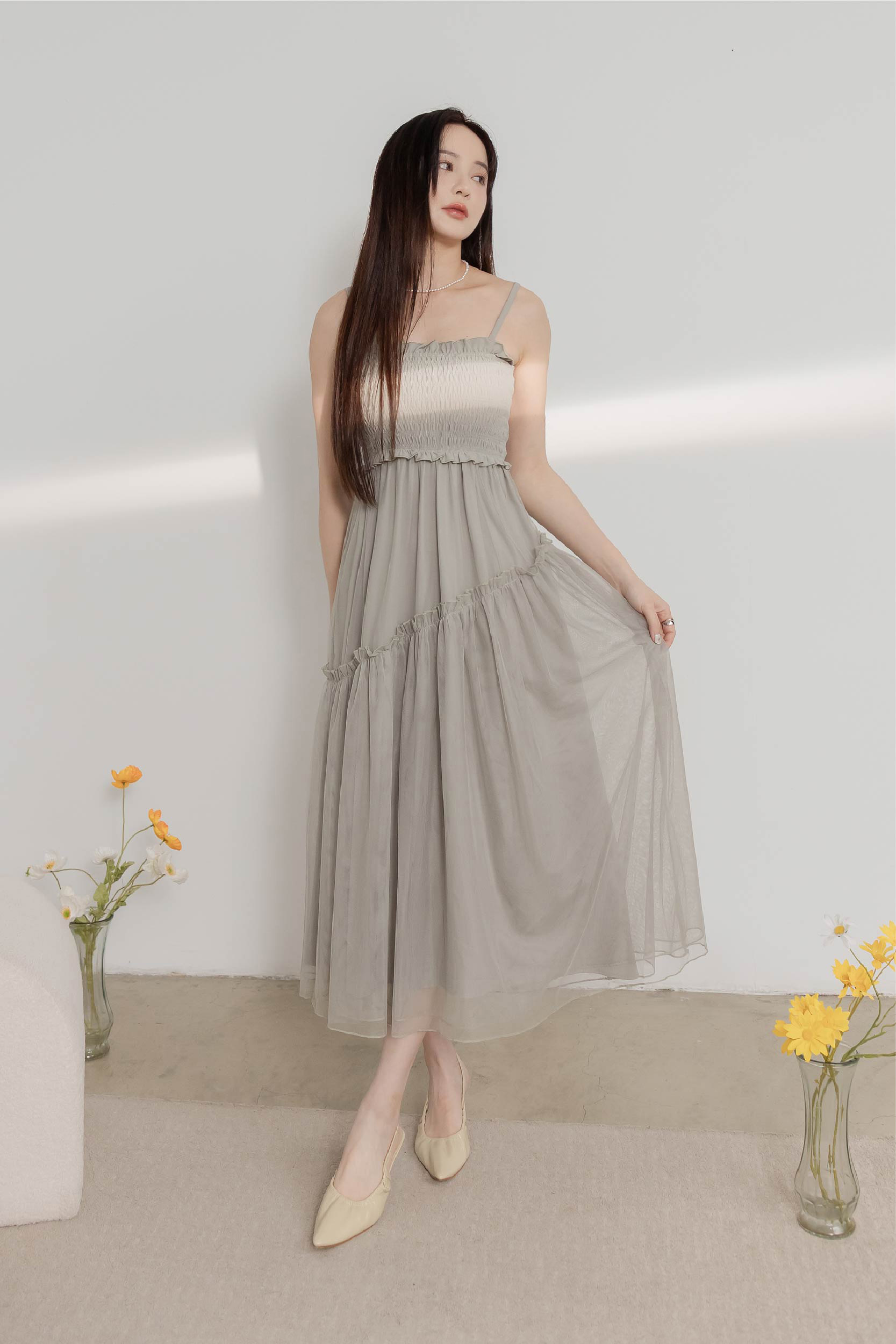 法式壓縐縮腰修身洋裝