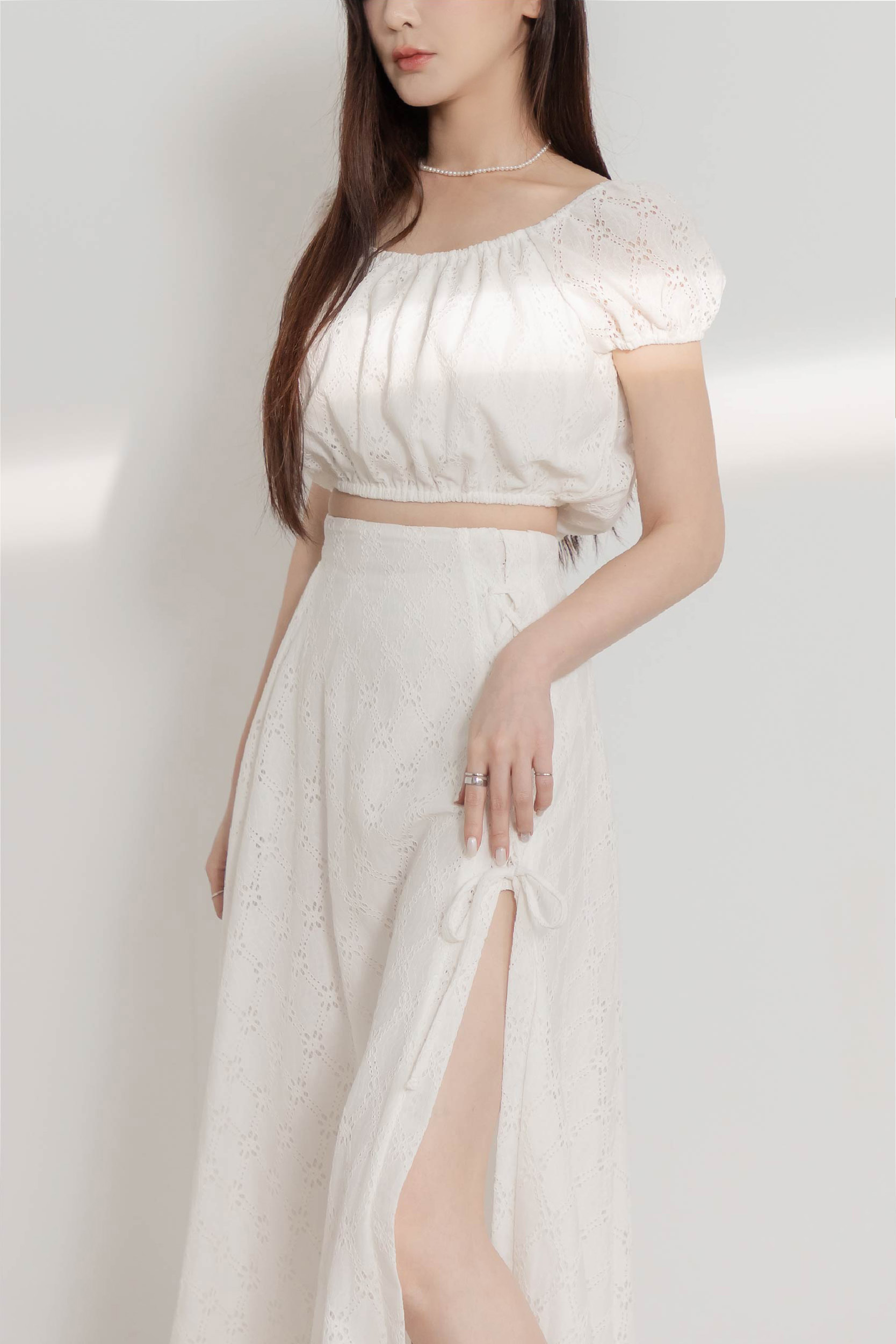 緹花公主袖裙襬開衩兩件式套裝