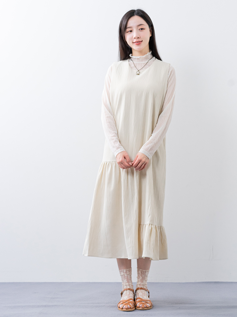 自然皺感不對稱長洋裝透膚小立領上衣組合