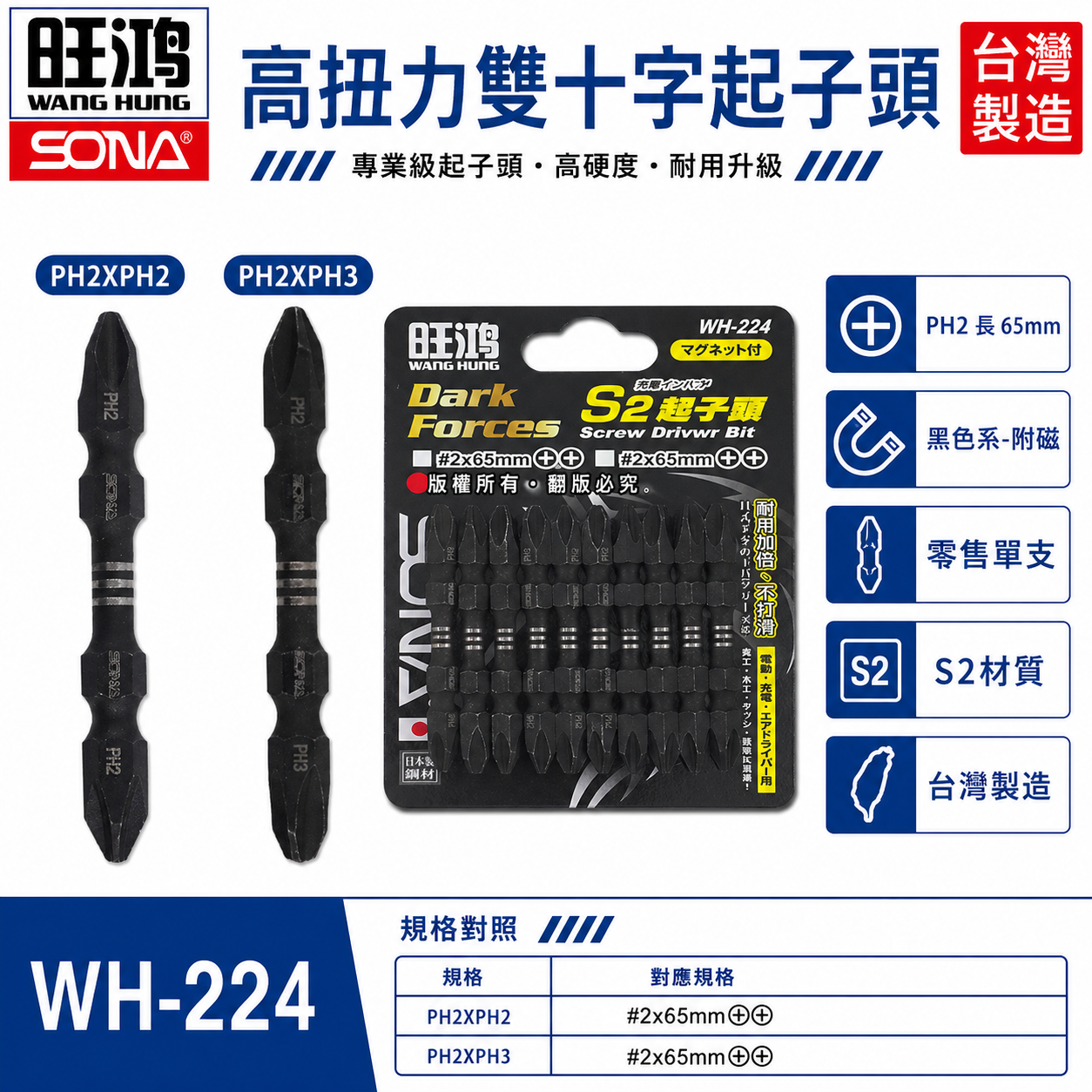 1支｜SONA 旺鴻｜PH2 X PH3 長 65mm 高扭力雙十字起子頭 洩力型雙頭十字頭｜WH-224｜台灣製