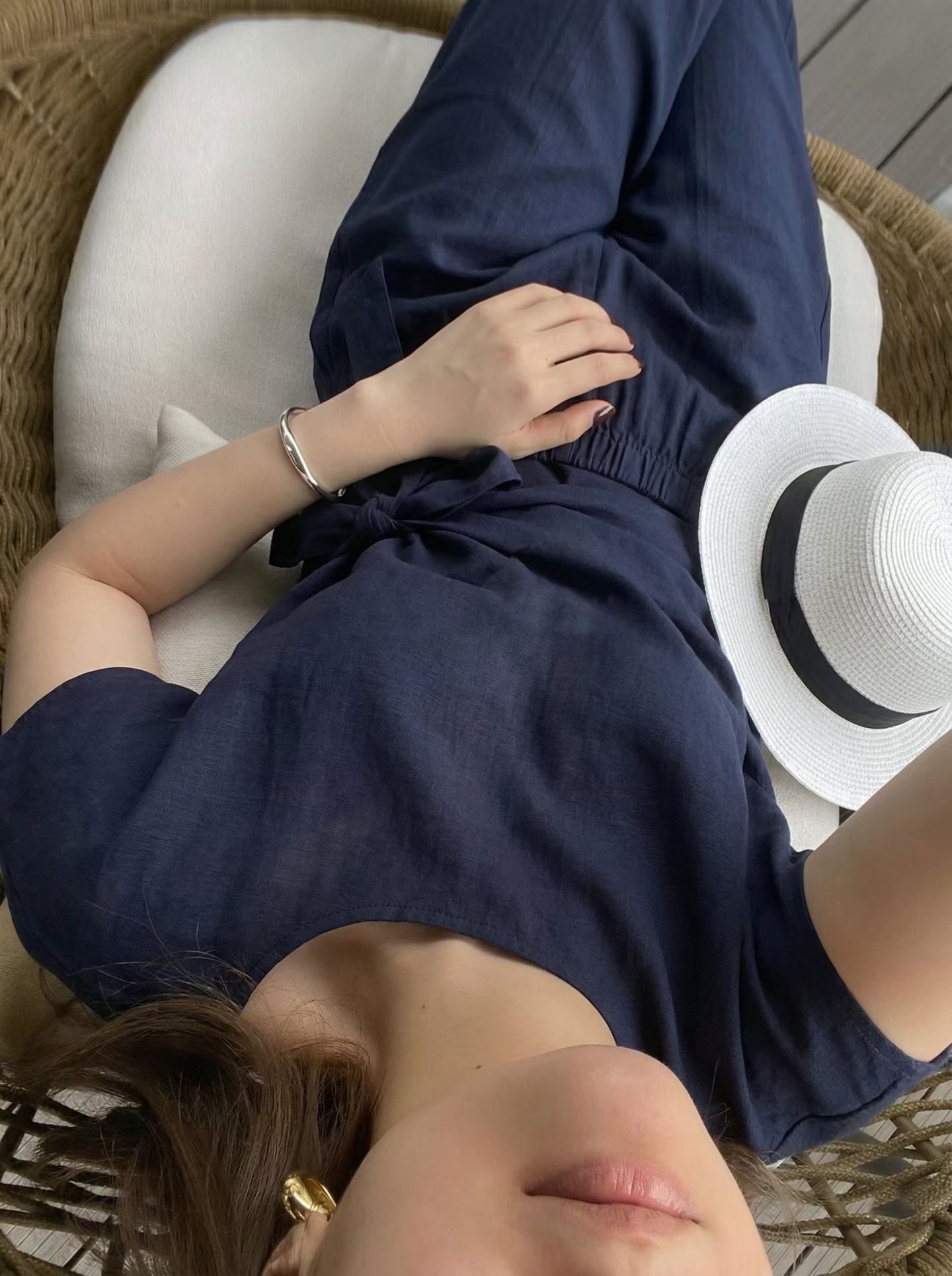 海軍藍側綁帶造型上衣+長褲SET-S-XXL (Elegant & Love)