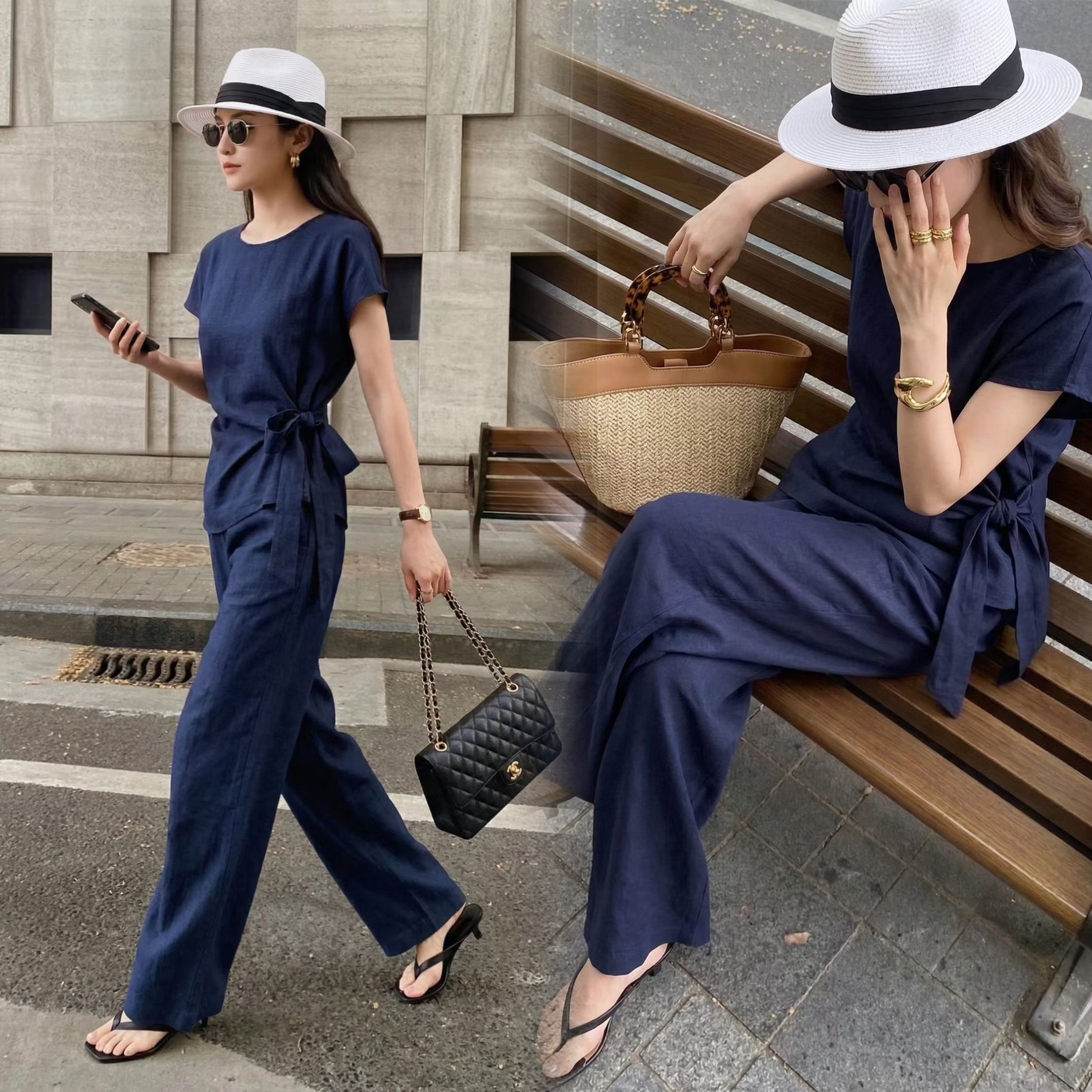 海軍藍側綁帶造型上衣+長褲SET-S-XXL (Elegant & Love)