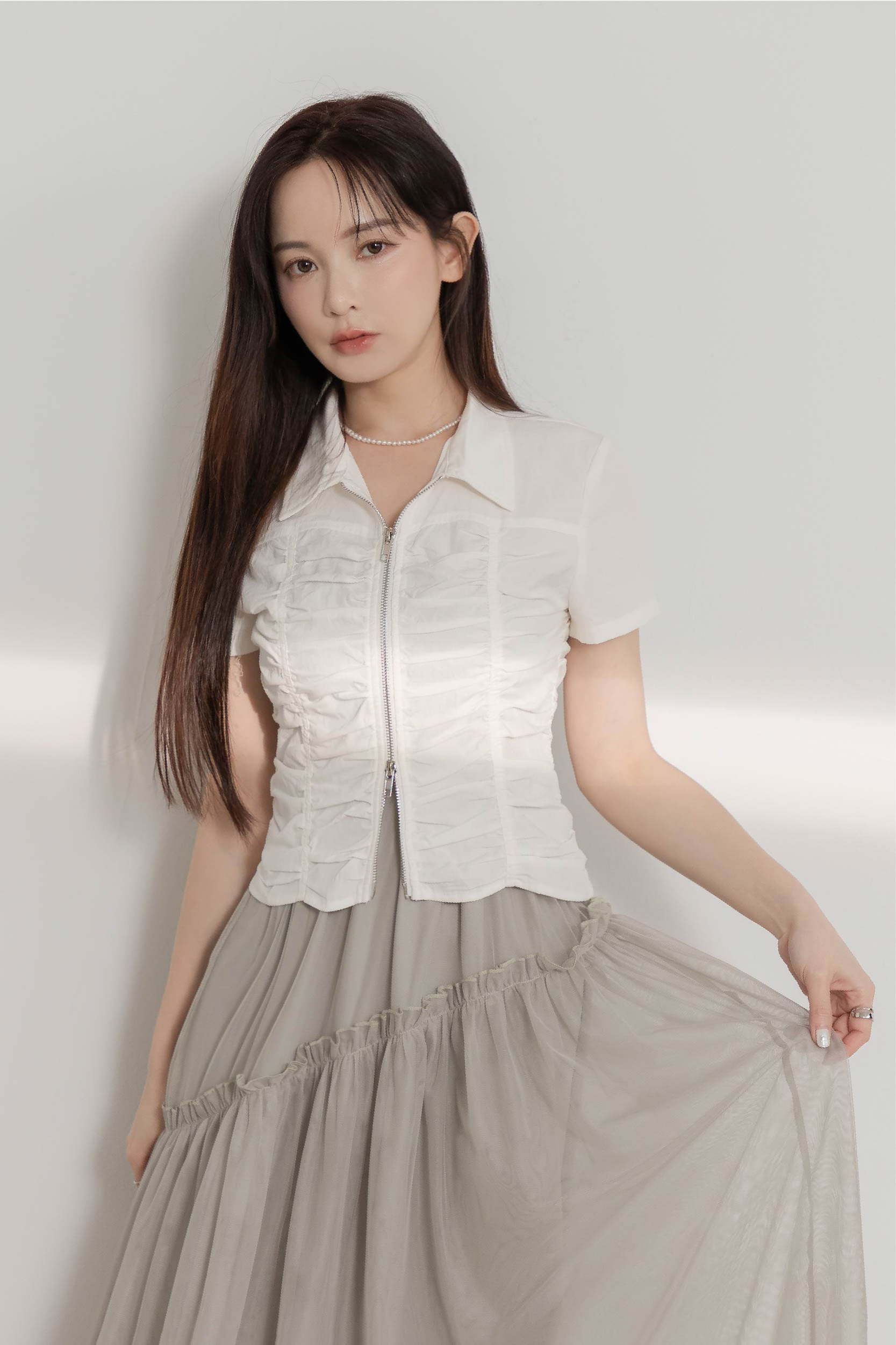 抓褶雙拉鍊短袖上衣外套