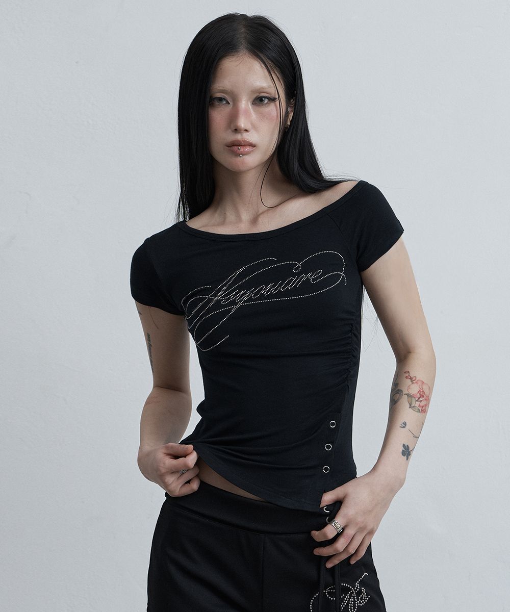 AS YOU ARE 釦飾開叉單肩T恤 黑色 AS26SMTOP07BK