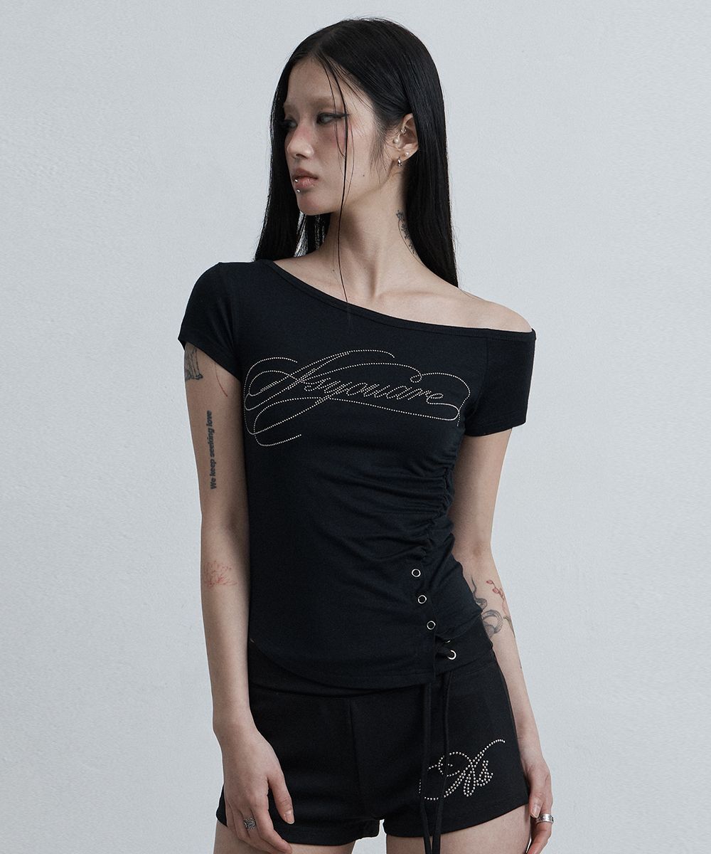 AS YOU ARE 釦飾開叉單肩T恤 黑色 AS26SMTOP07BK