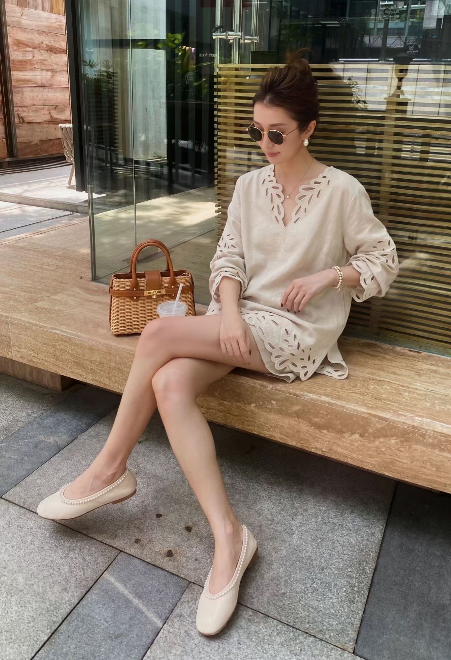 雕花鏤空滾邊短袖上衣+短褲SET-S-L (Elegant & Love)