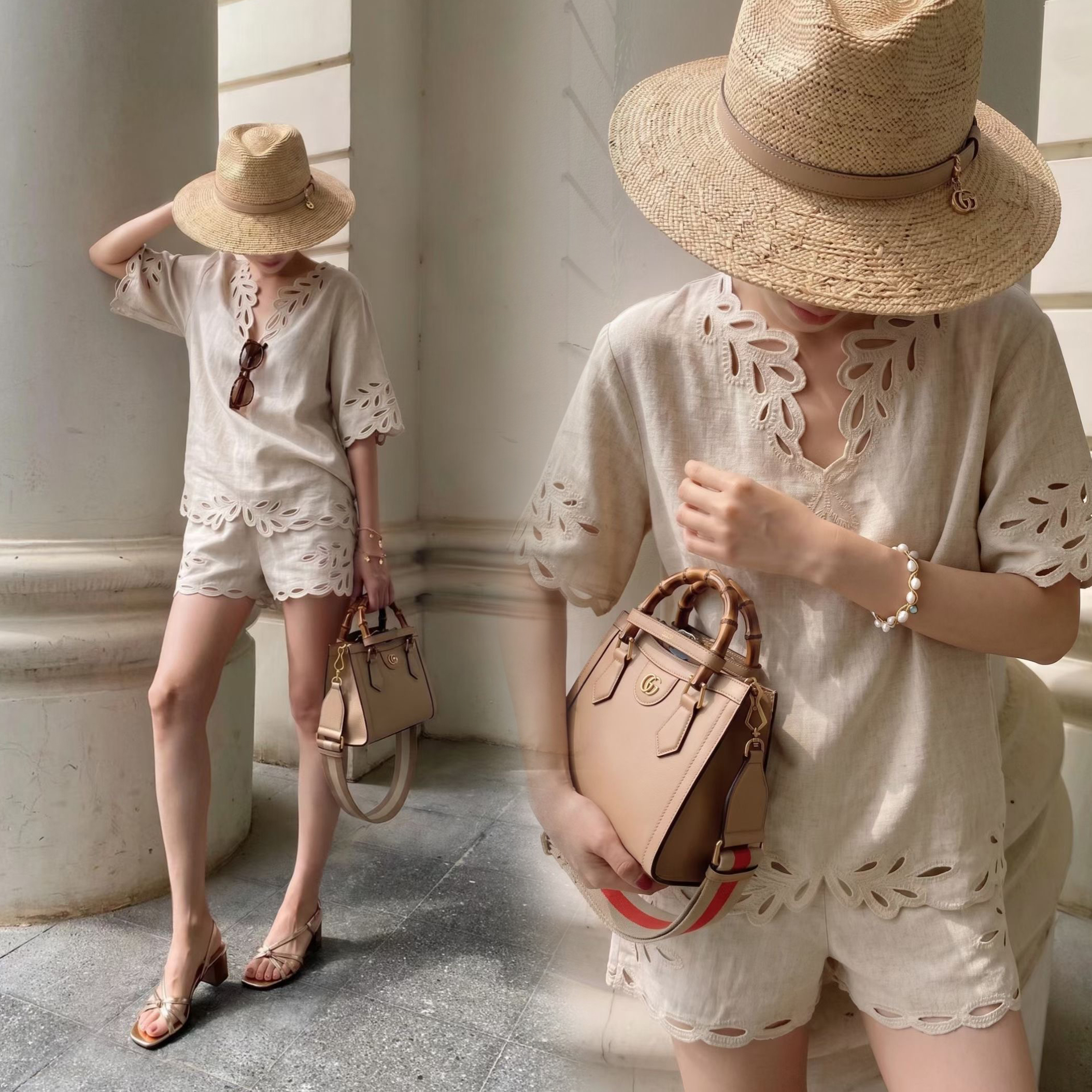 雕花鏤空滾邊短袖上衣+短褲SET-S-L (Elegant & Love)
