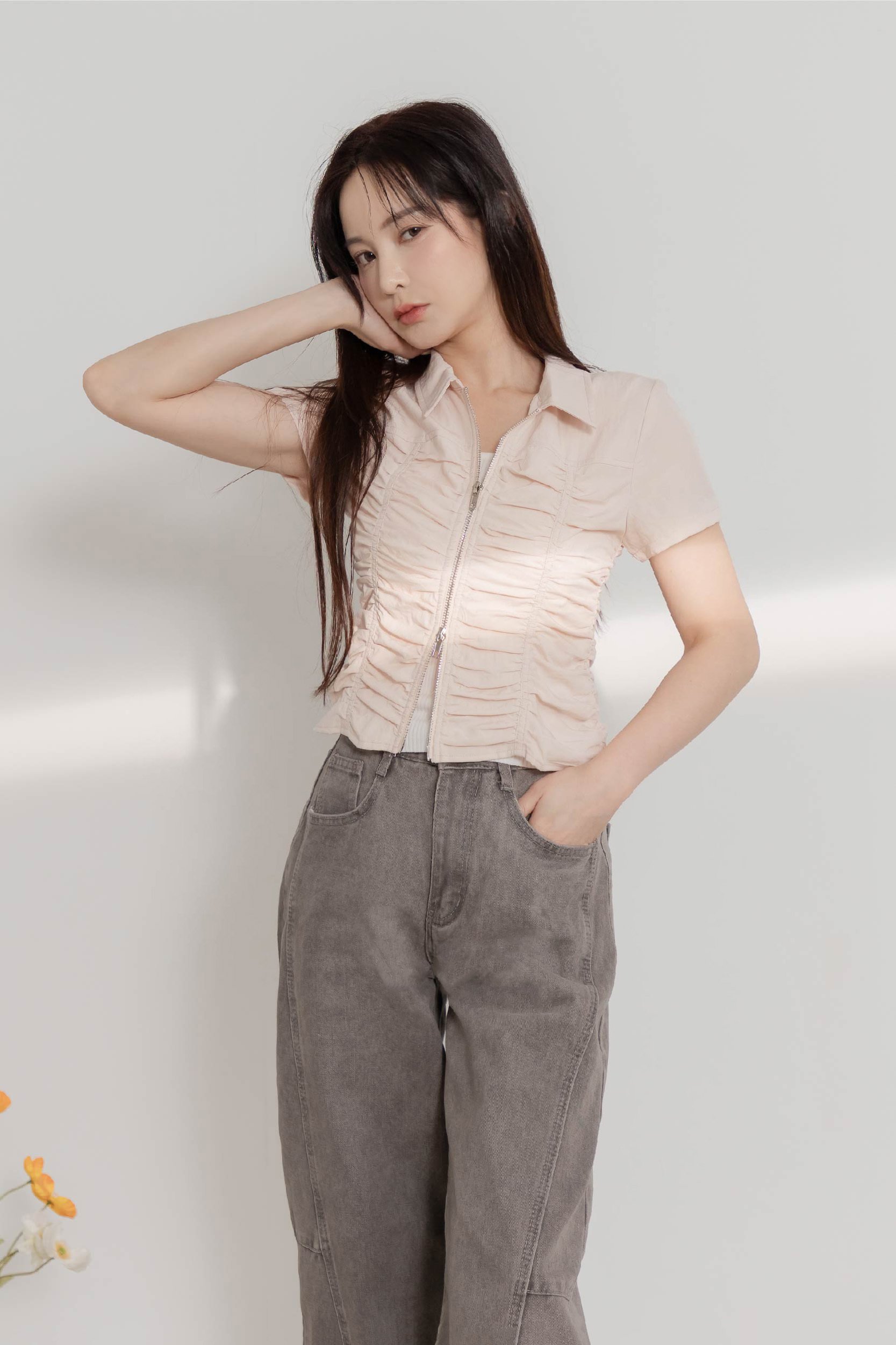 抓褶雙拉鍊短袖上衣外套