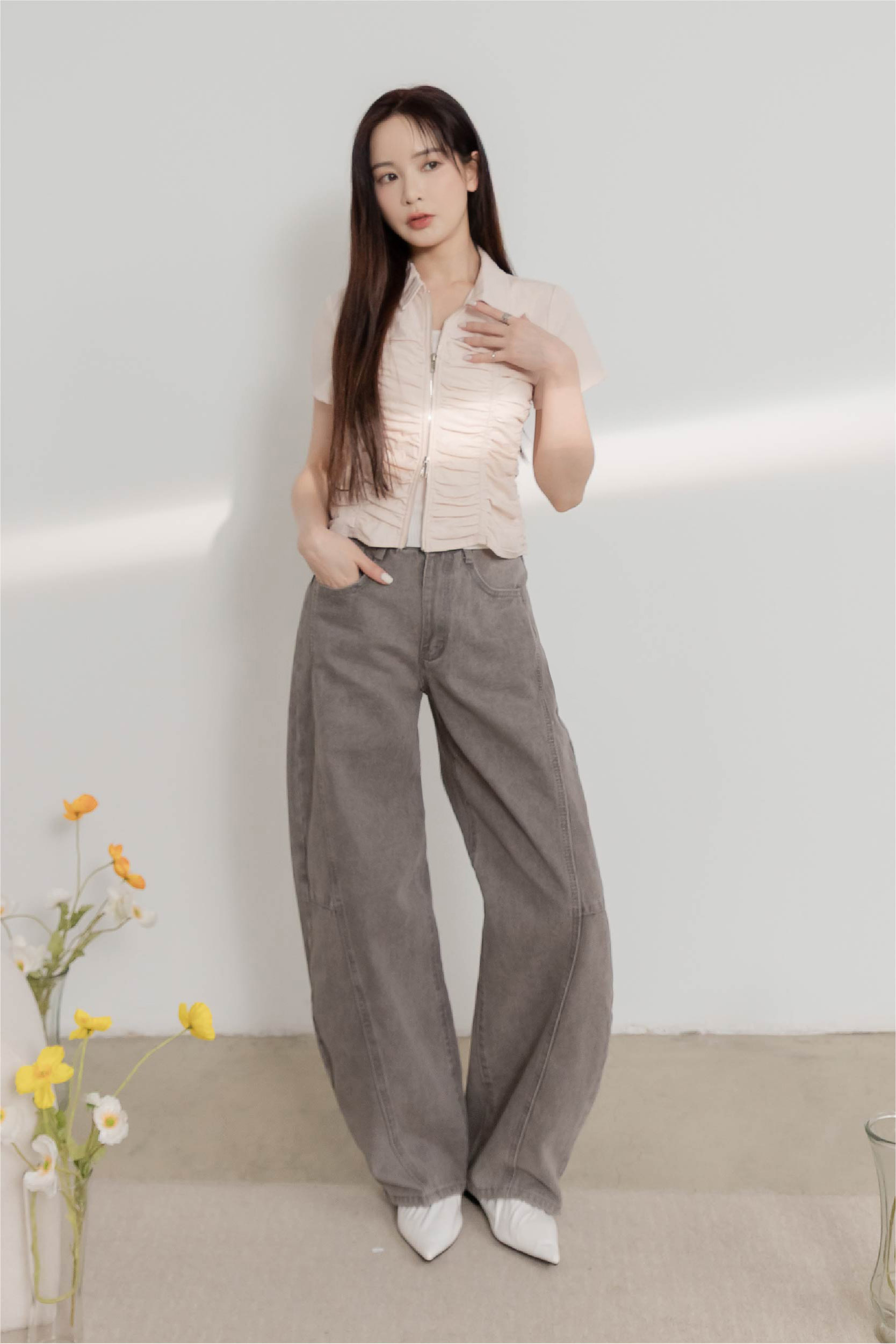 抓褶雙拉鍊短袖上衣外套