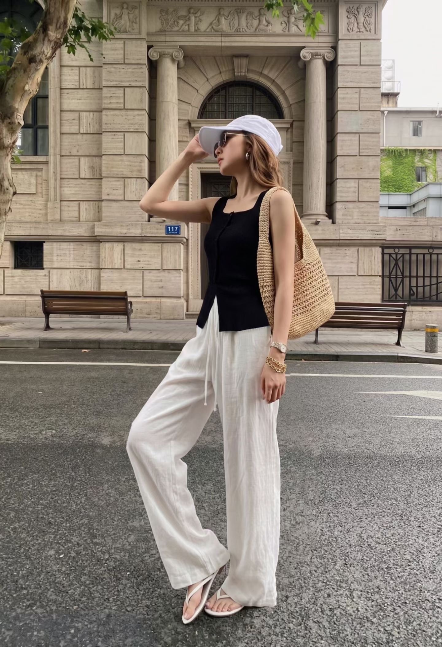 雲朵白高腰織帶造型垂墜感顯瘦長褲-S-L (Elegant & Love)