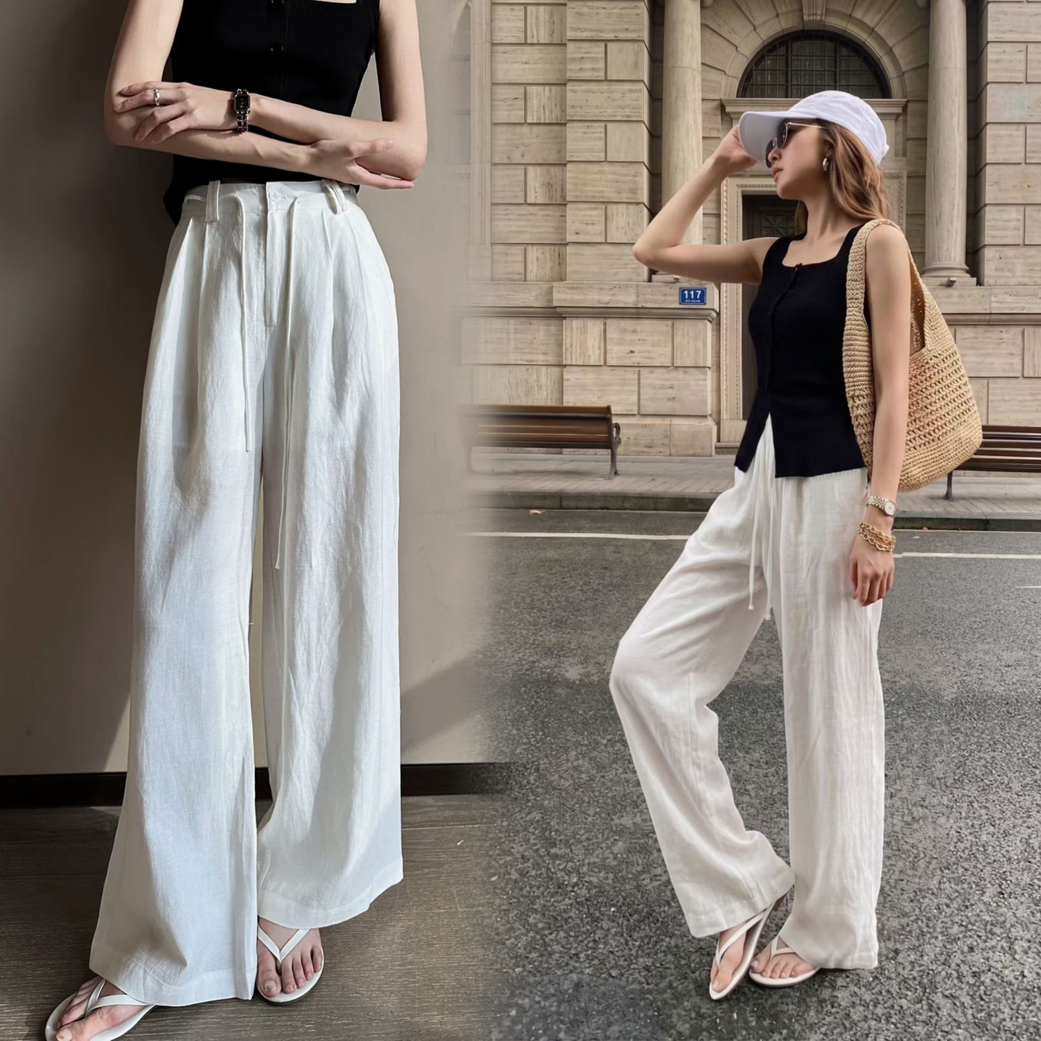 雲朵白高腰織帶造型垂墜感顯瘦長褲-S-L (Elegant & Love)