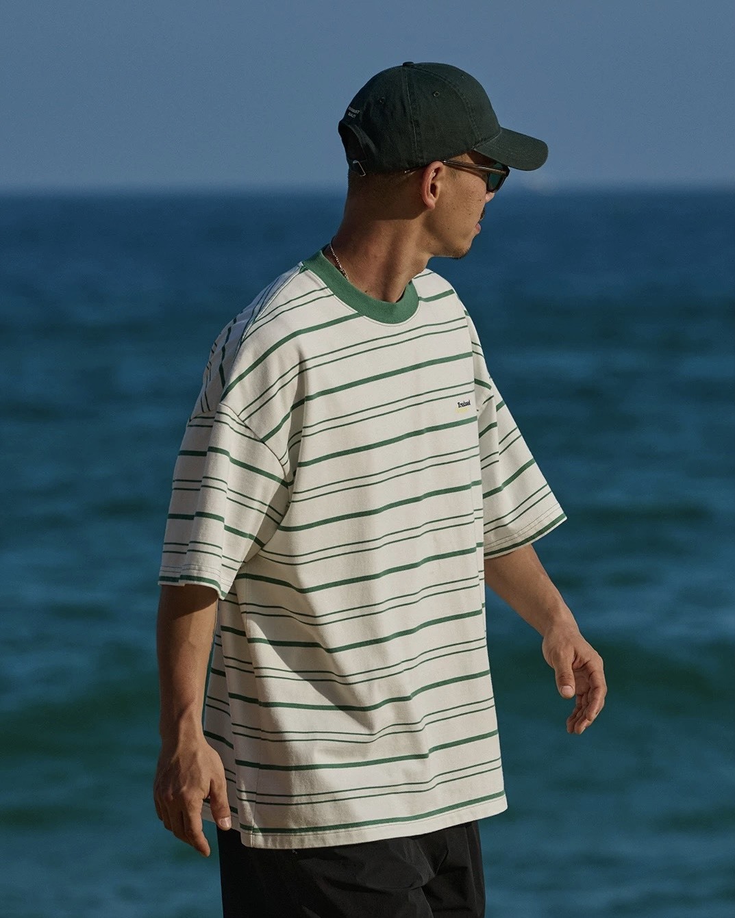 #預購 Broshood 26SS 日系寬鬆 休閒夏日 刺繡條紋 落肩圓領短踢 白綠