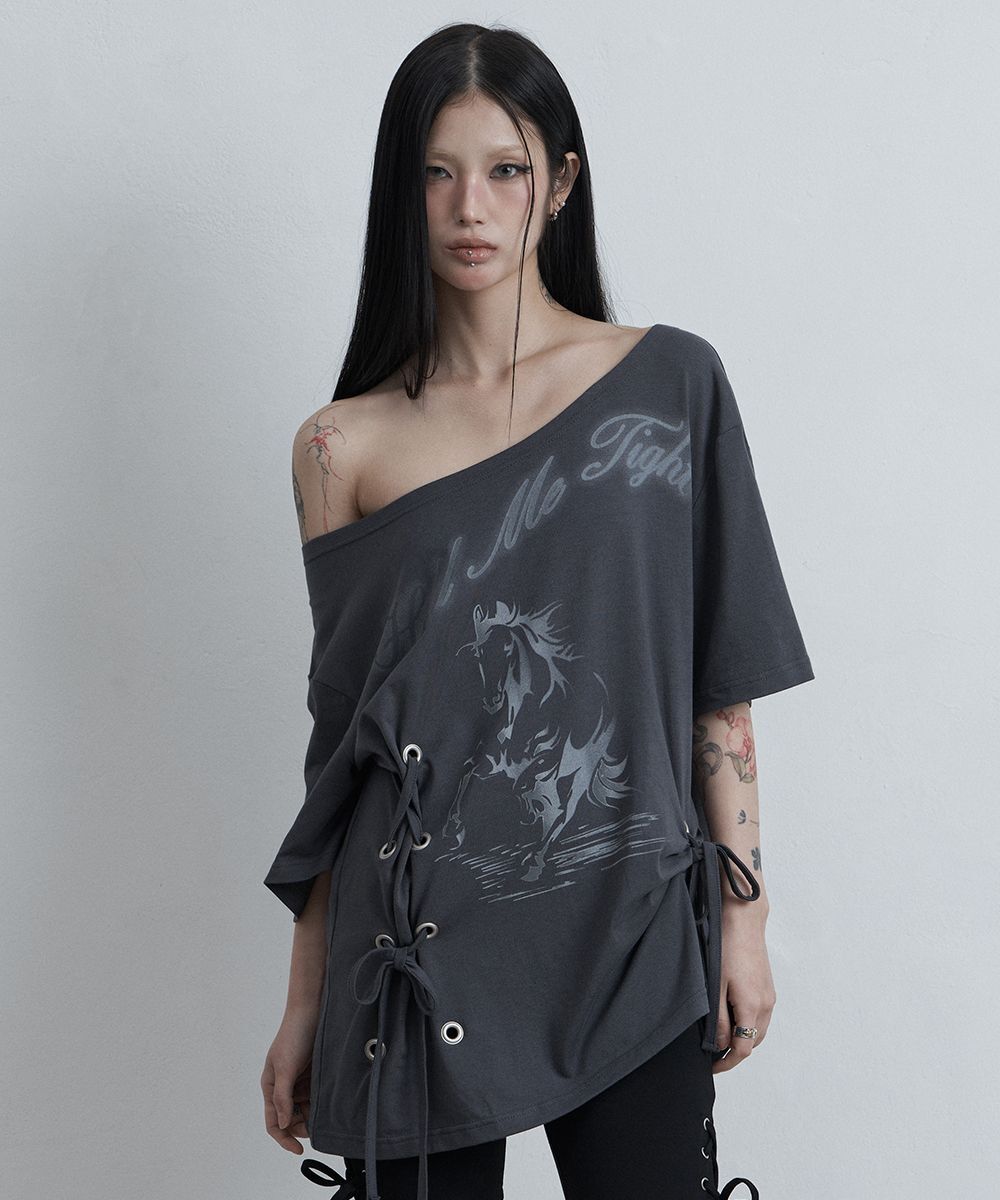 AS YOU ARE 馬圖鉤孔寬版T恤 炭灰 AS26SMTOP01CH