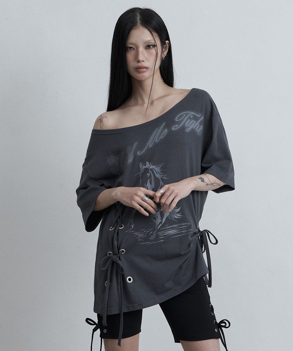 AS YOU ARE 馬圖鉤孔寬版T恤 炭灰 AS26SMTOP01CH