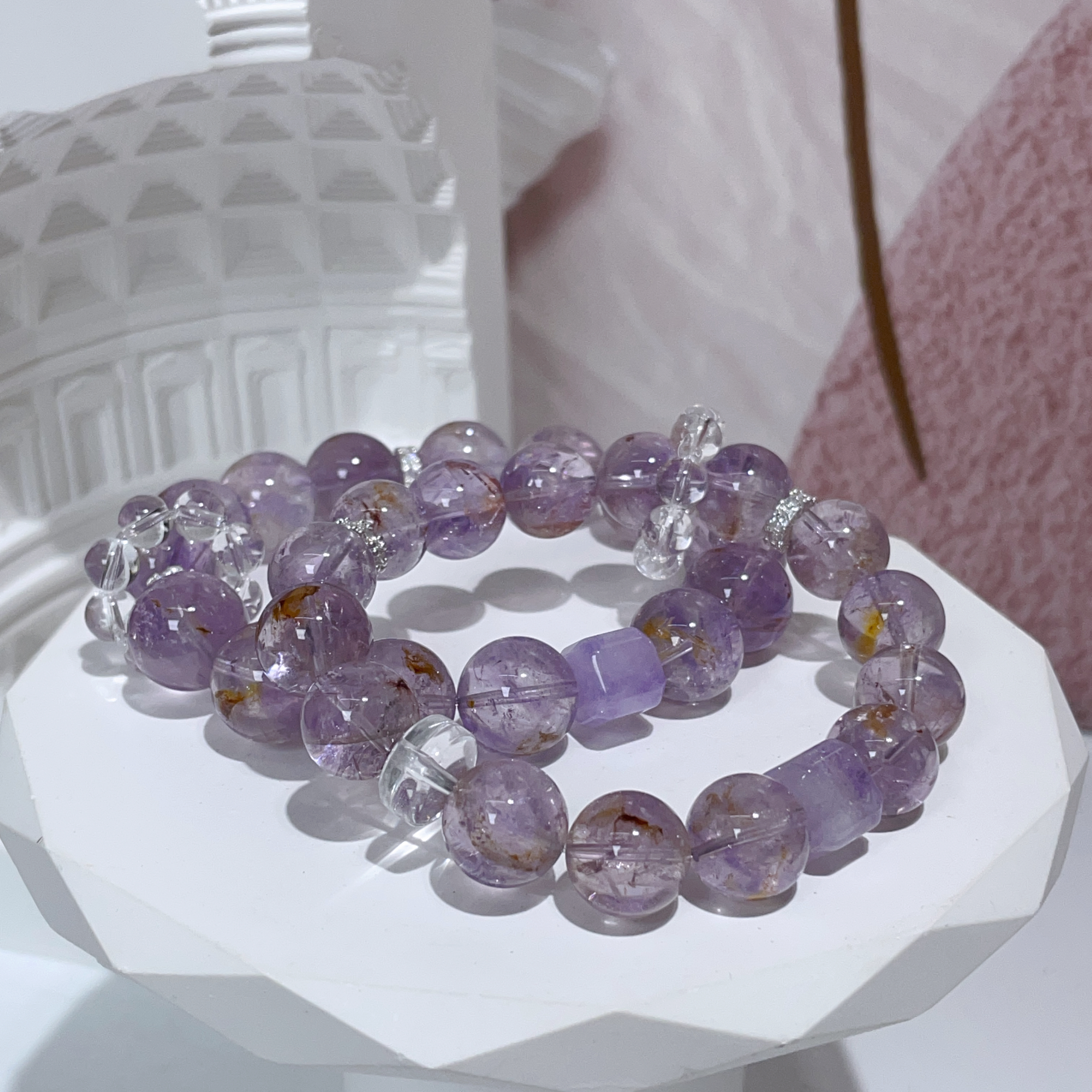 紫幽靈拼方糖紫水晶白水晶設計款手串