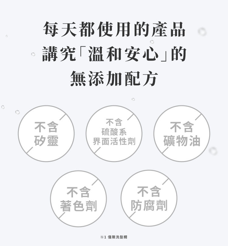溫和5大無添加，不含礦物油、不含著色劑與不含矽靈等