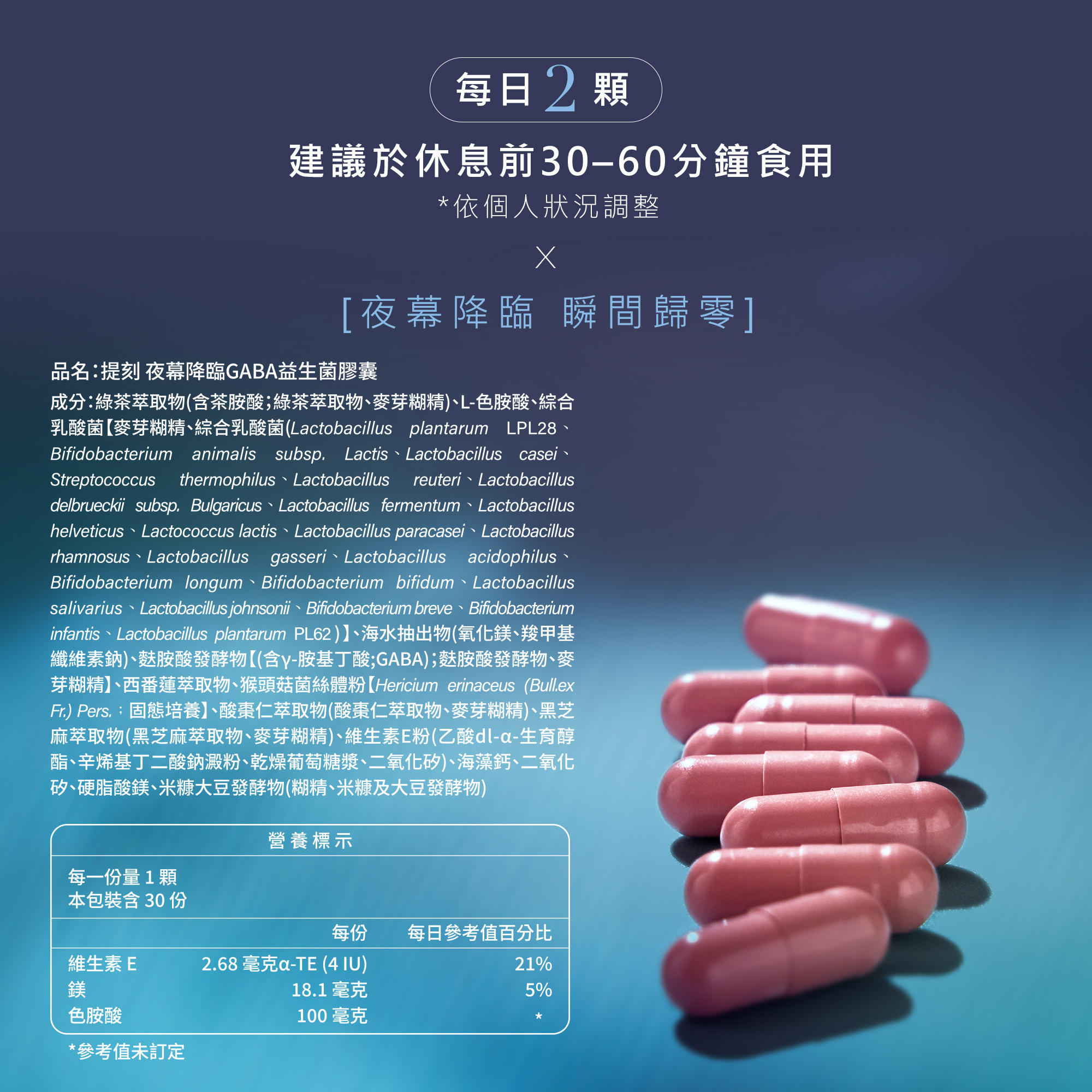 建議每日食用2顆，於休息前30至60分鐘補充效果最佳。產品完整成分標示包含20株夜光菌、海水來源鎂、L-色胺酸與多種靜養草本。每一份量皆清楚標示維生素E與關鍵礦物質含量，提供身心在夜幕降臨時瞬間歸零所需的精準營養。