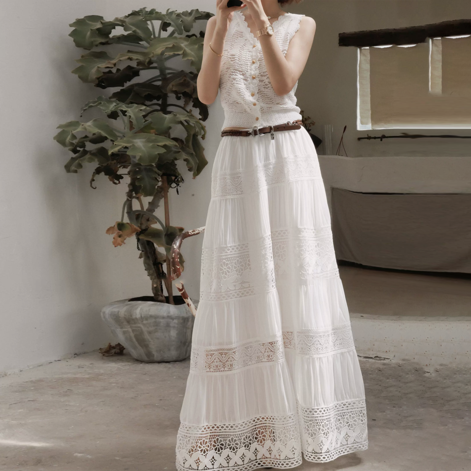 雲朵白浪漫感層次蕾絲傘擺蛋糕長裙-S-L (Elegant & Love)