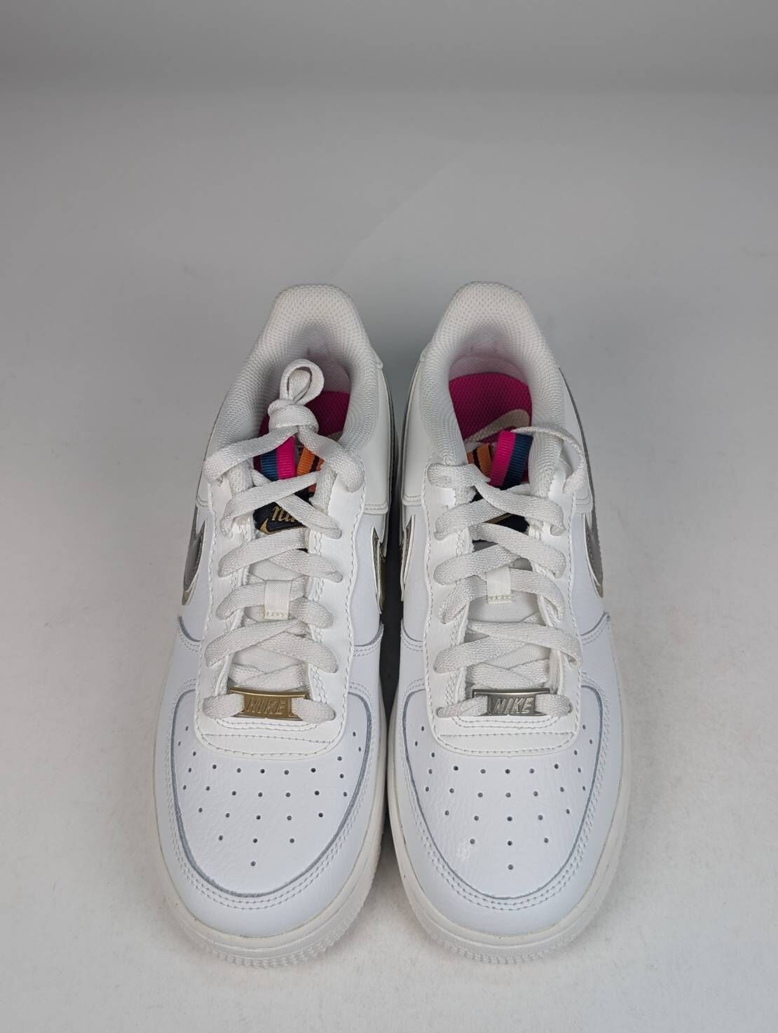 微瑕疵-左右腳中底鞋面泛黃 DH9595-001 6Y Nike Air Force 1 1s Double Up On The Pull Tabs Swooshes 雙層勾勾 米白 金 女款