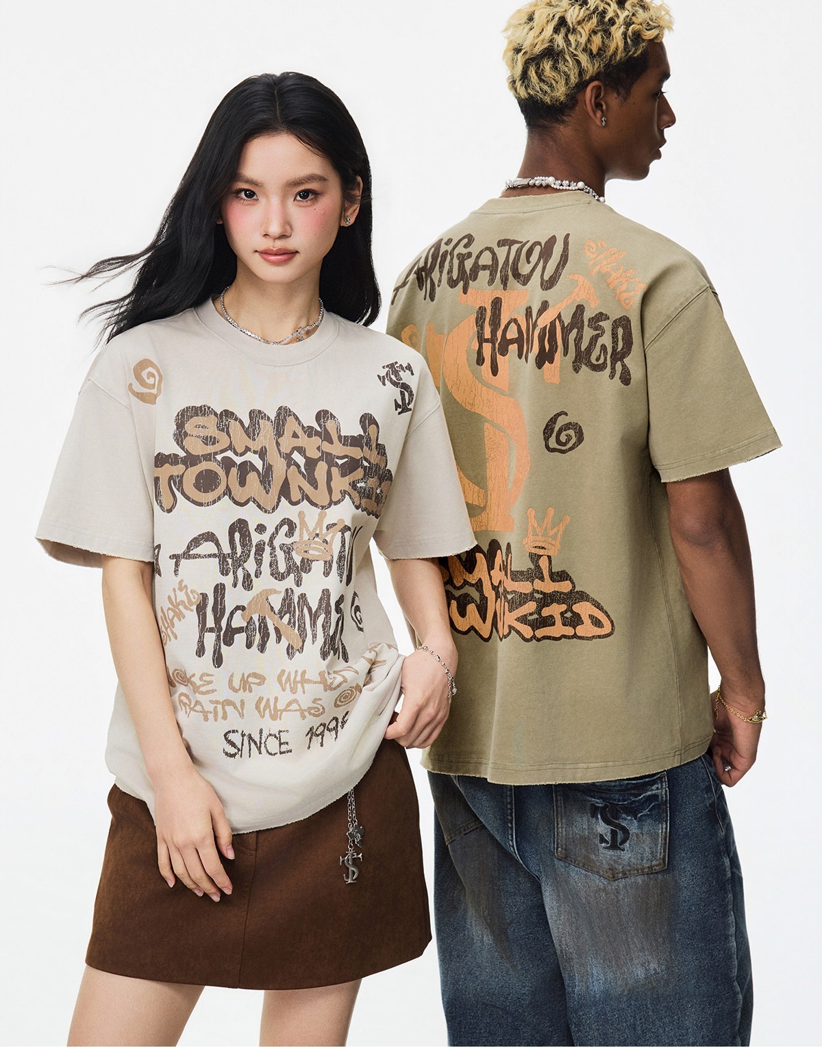 STK SmallTownKid Street Graffiti Print Logo Distressed Short-Sleeve T-Shirt
