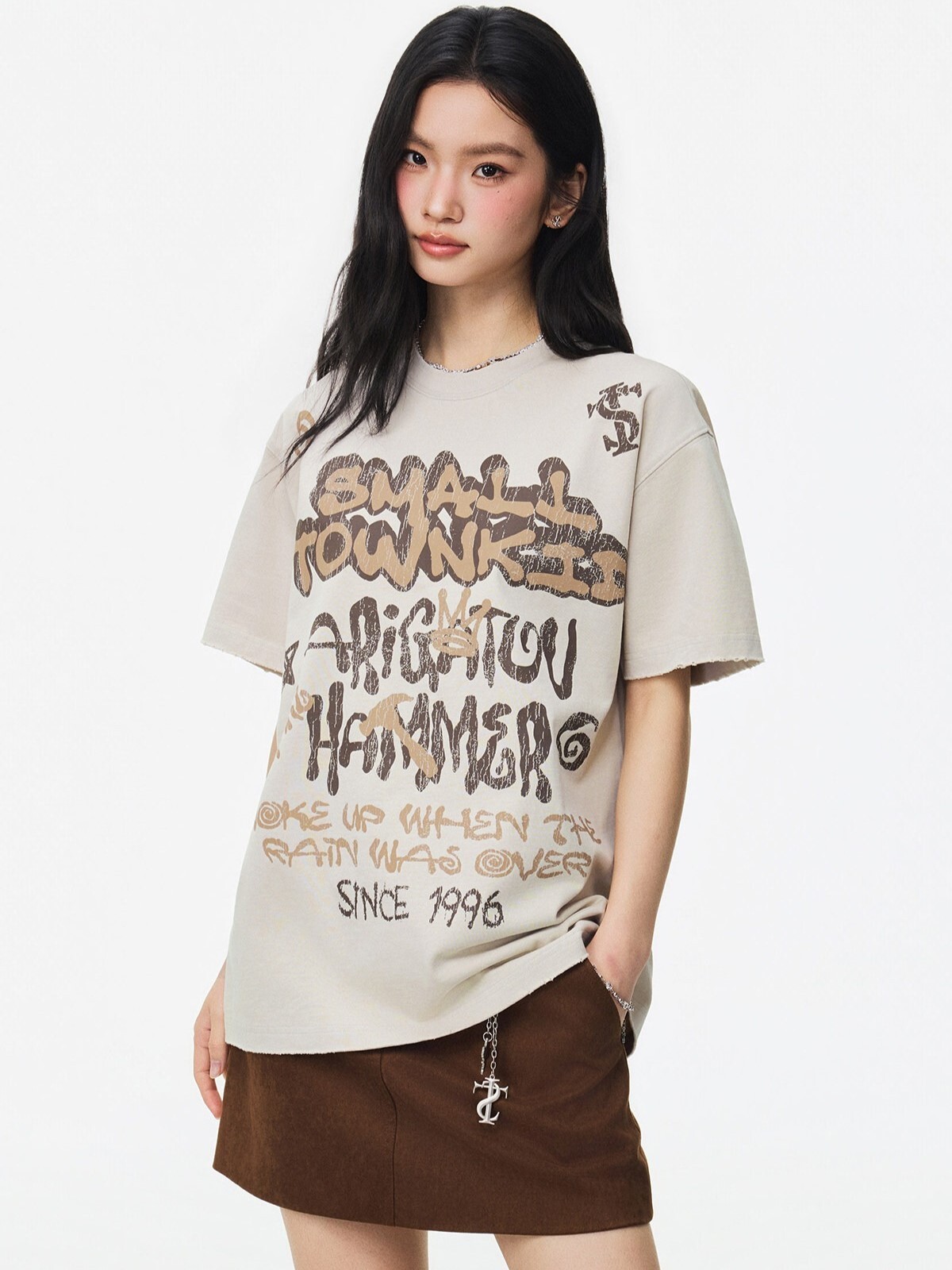 STK SmallTownKid Street Graffiti Print Logo Distressed Short-Sleeve T-Shirt