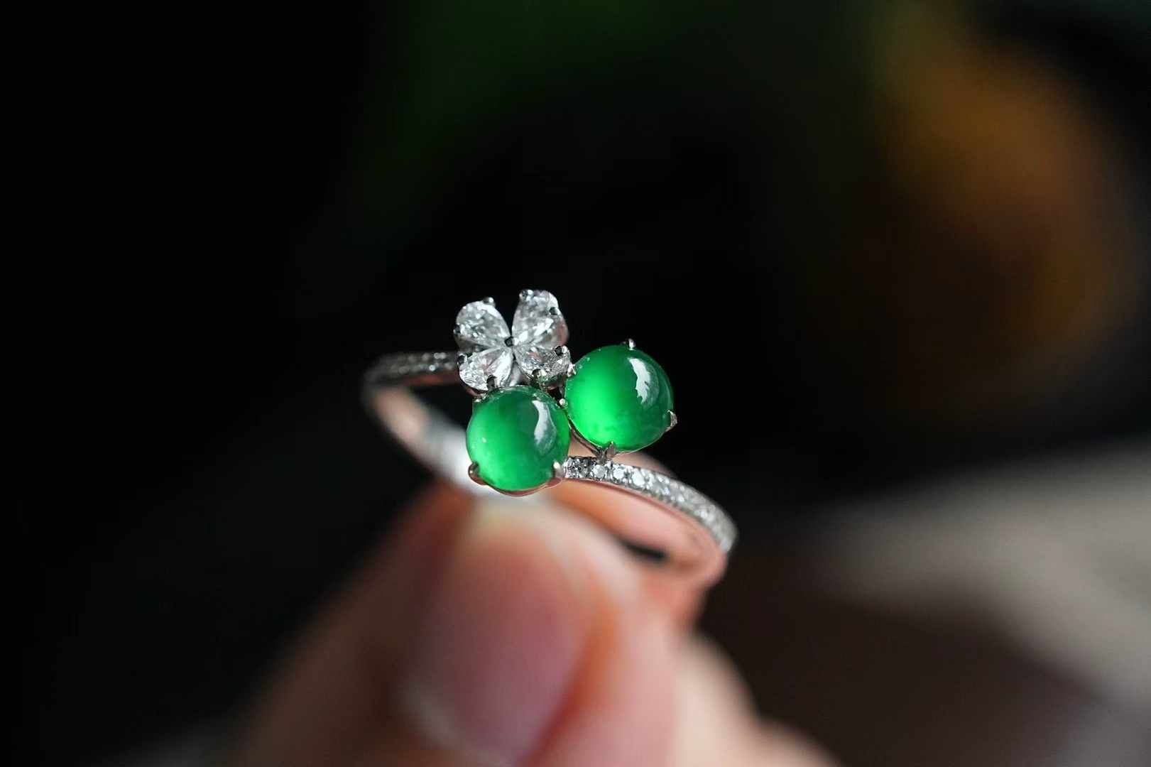 翡翠高冰陽綠雙蛋戒指,天然翡翠A玉, 緬甸玉, Jade, Jadeite