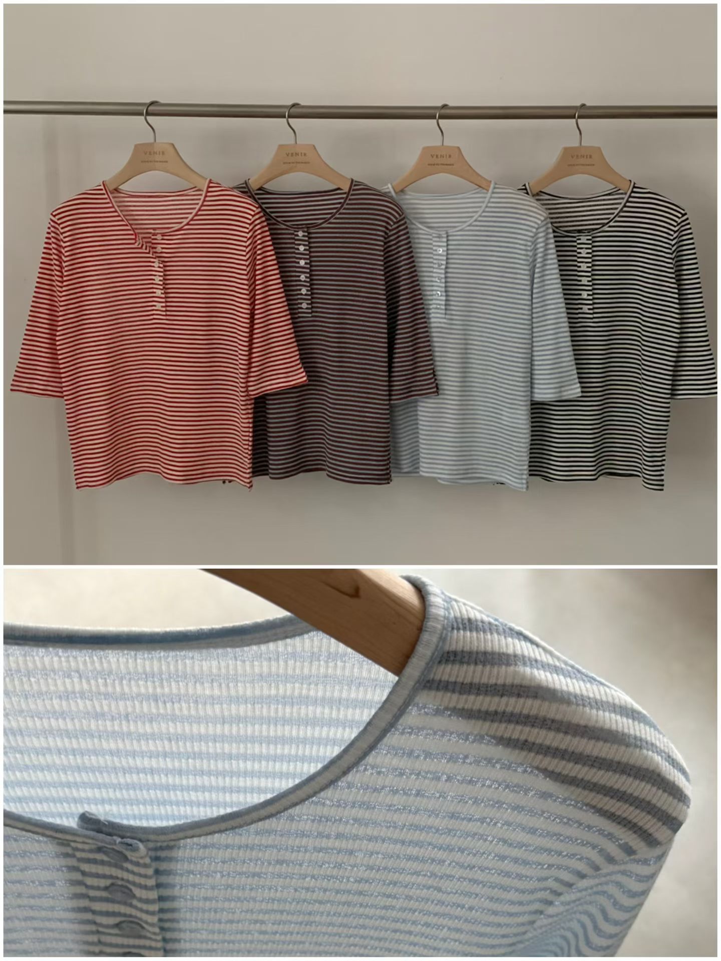 VR6107 橫條紋亨利領上衣