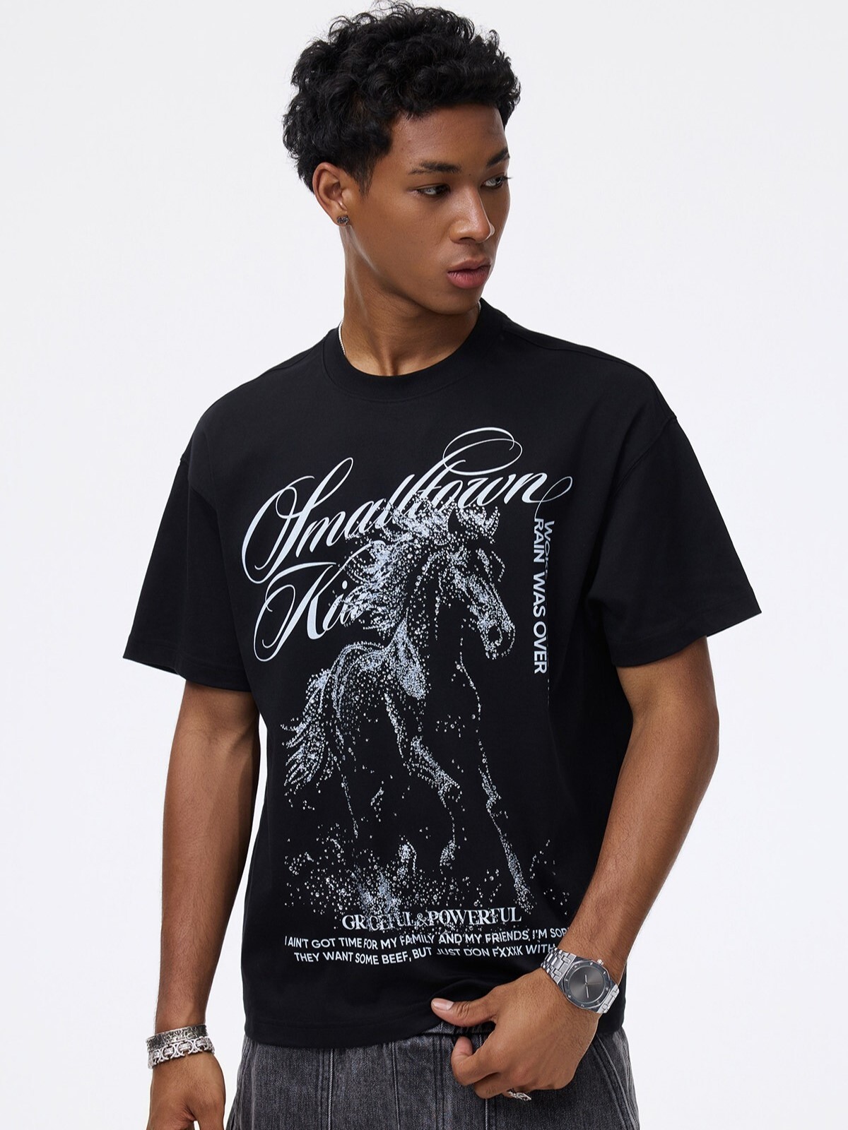 STK SmallTownKid cursive font logo with rhinestone Pegasus print on short-sleeved T-shirts.