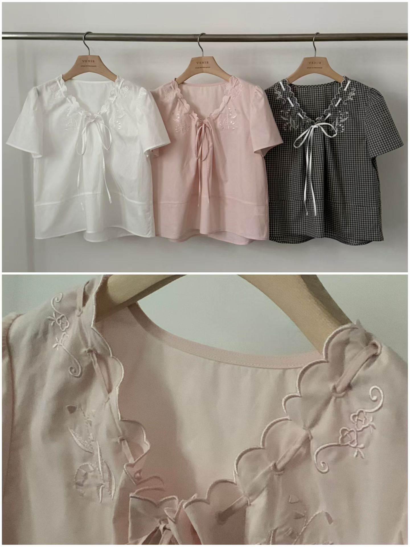 VR6111 刺繡花絲帶上衣