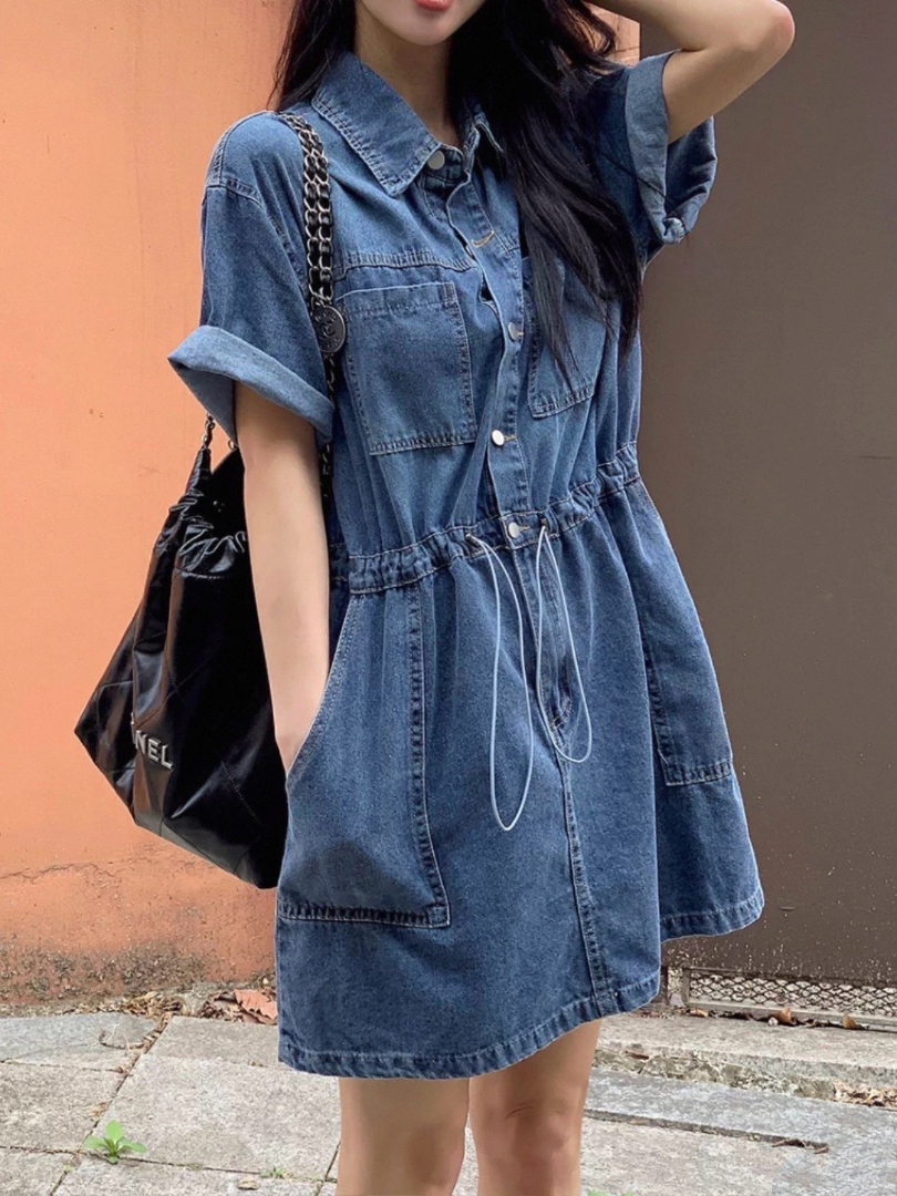 膝上比例感穿搭★抽繩顯瘦牛仔洋裝