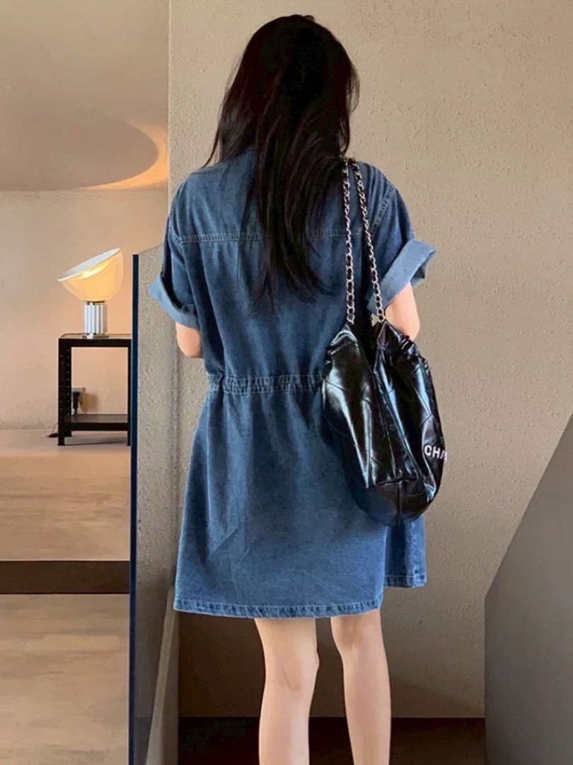 膝上比例感穿搭★抽繩顯瘦牛仔洋裝