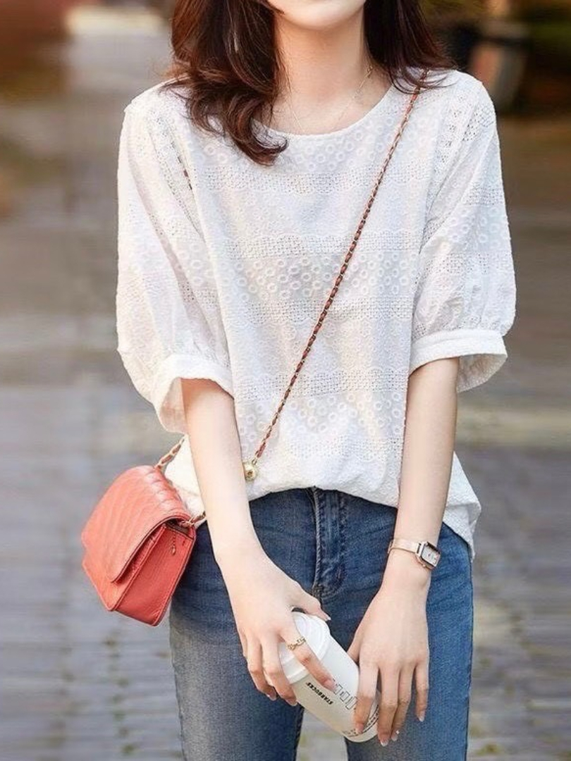 溫柔感棉質顯氣質穿搭★輕薄透氣鏤空花紋上衣