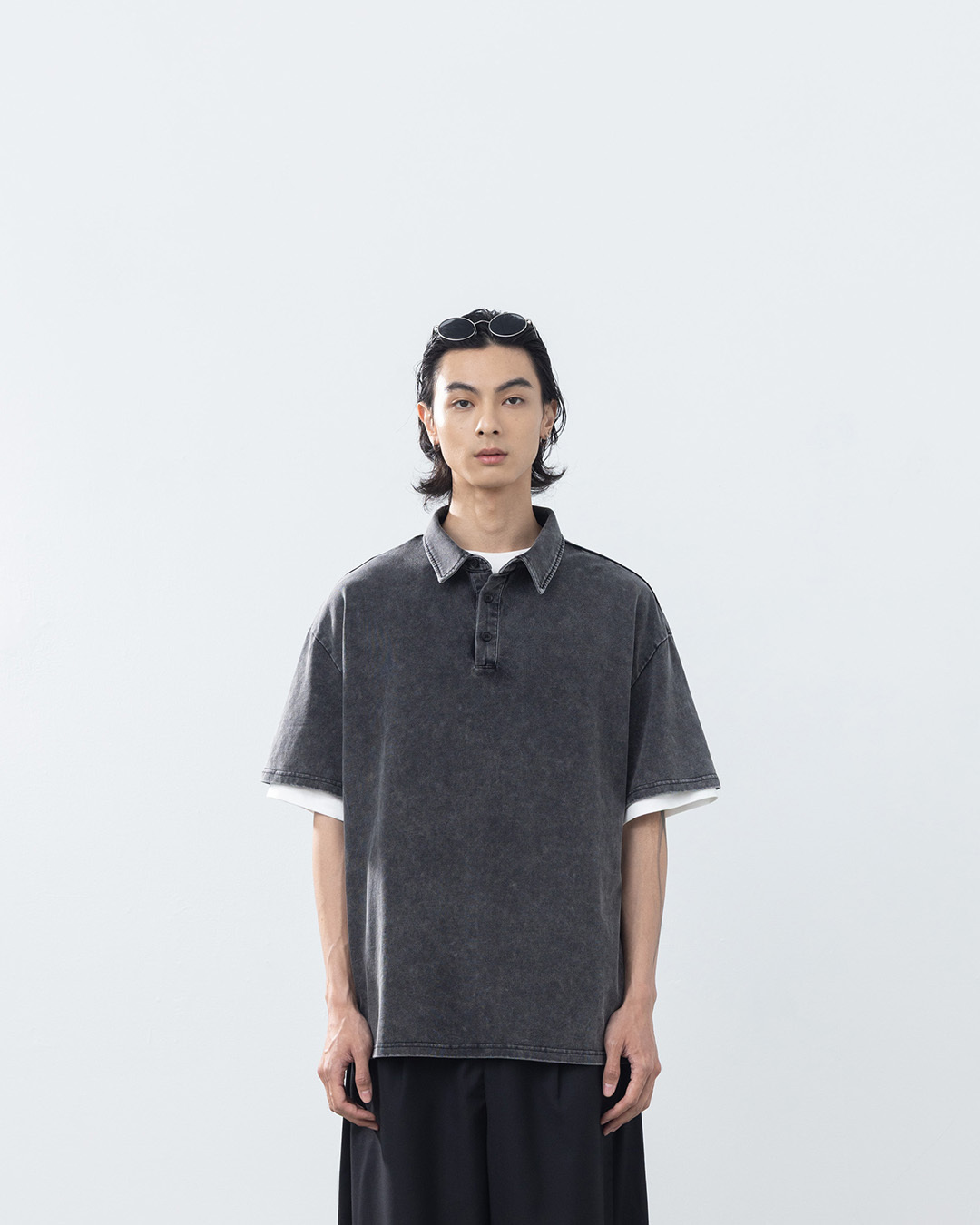 Men's Washed Half-Platform Polo Collar Short-Sleeve Top - Black M/L/XL【01060071】in stock+pre-order