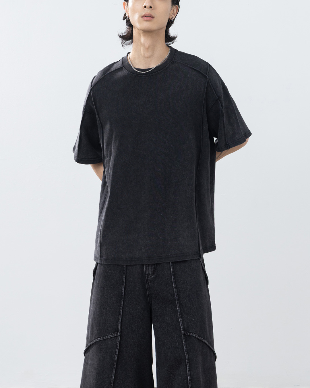 Men's Wide-Sleeve Short-Sleeve Top with Washed Finish - Black (S/M/L/XL)【01190330】in stock+pre-order