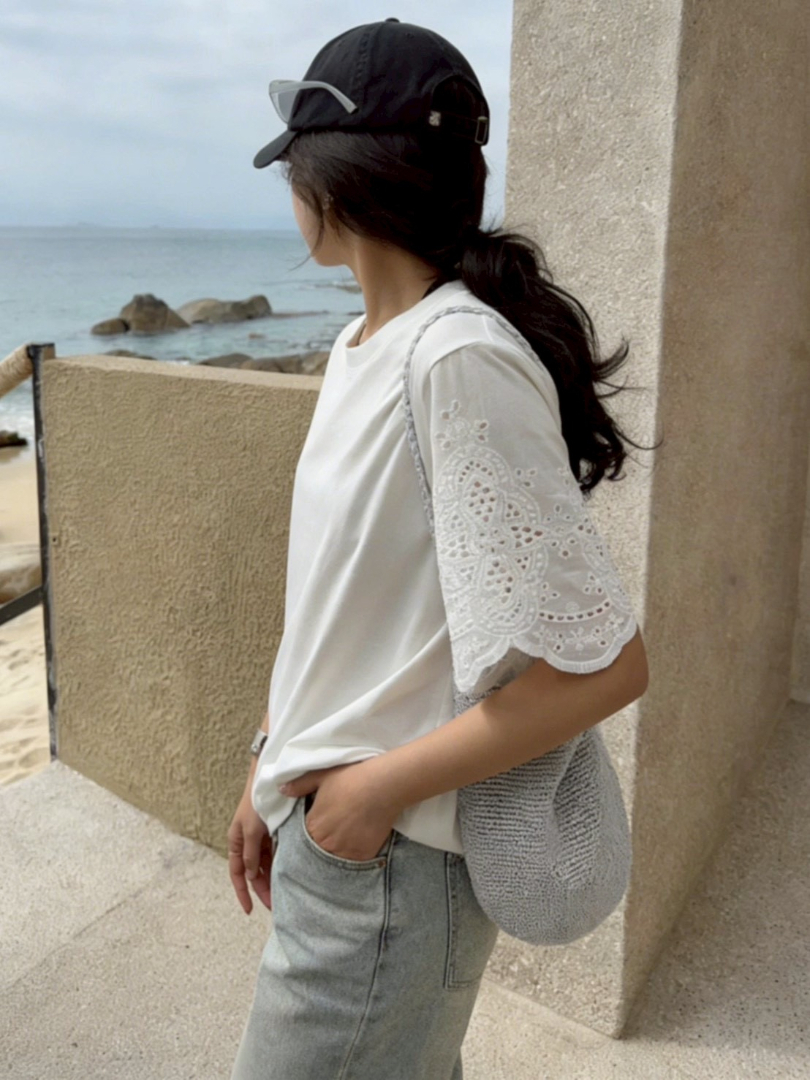 修飾手臂系列★蕾絲袖拼接棉T