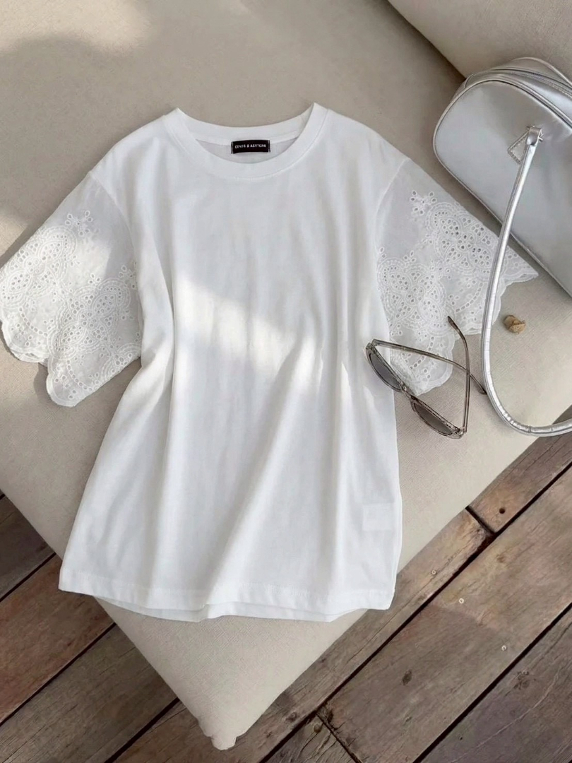 修飾手臂系列★蕾絲袖拼接棉T