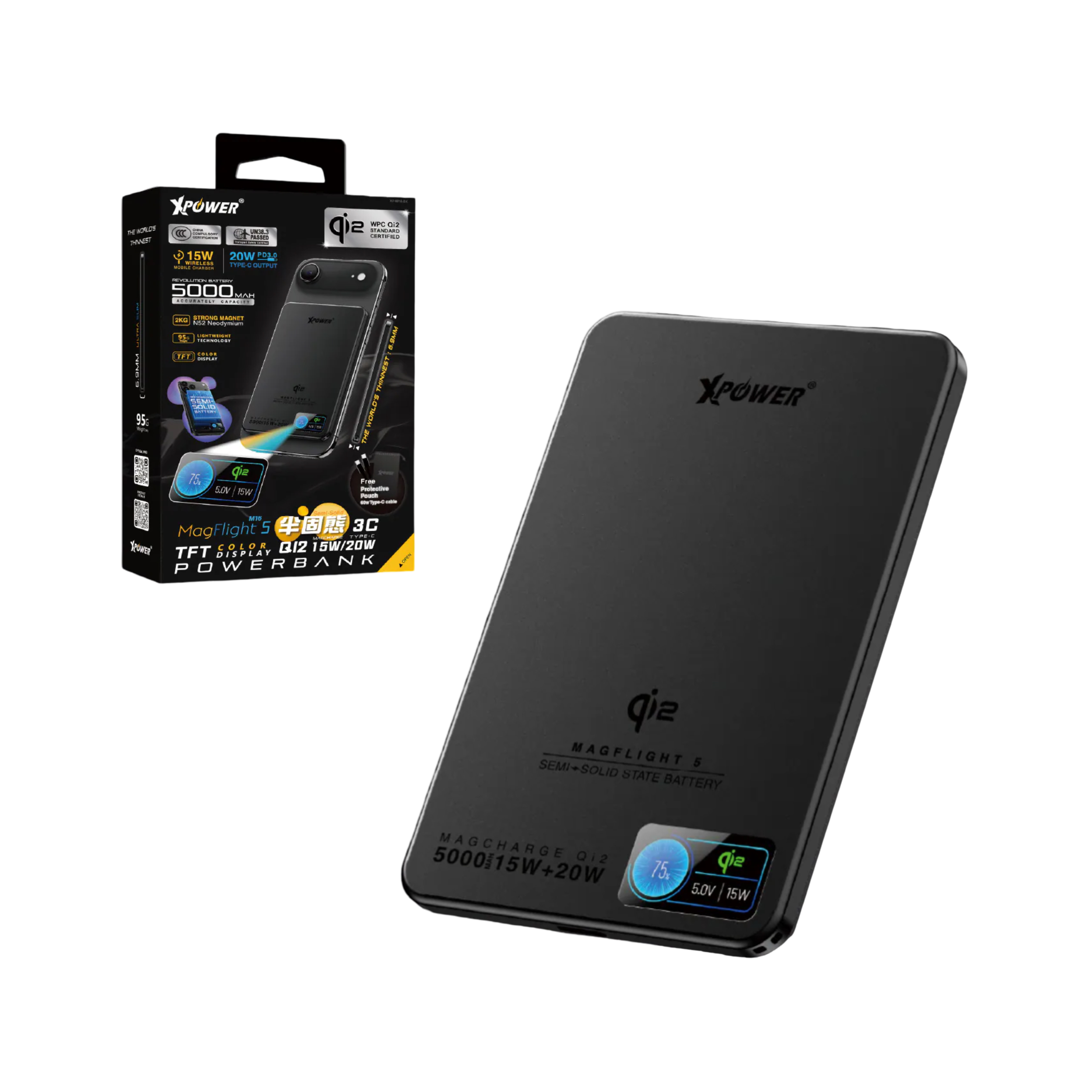 XPower MagFlight5 M16 5000mAh QI2 15W/20W 半固態TFT彩屏顯示磁吸行動電源 (CCC 認證可追溯二維碼)