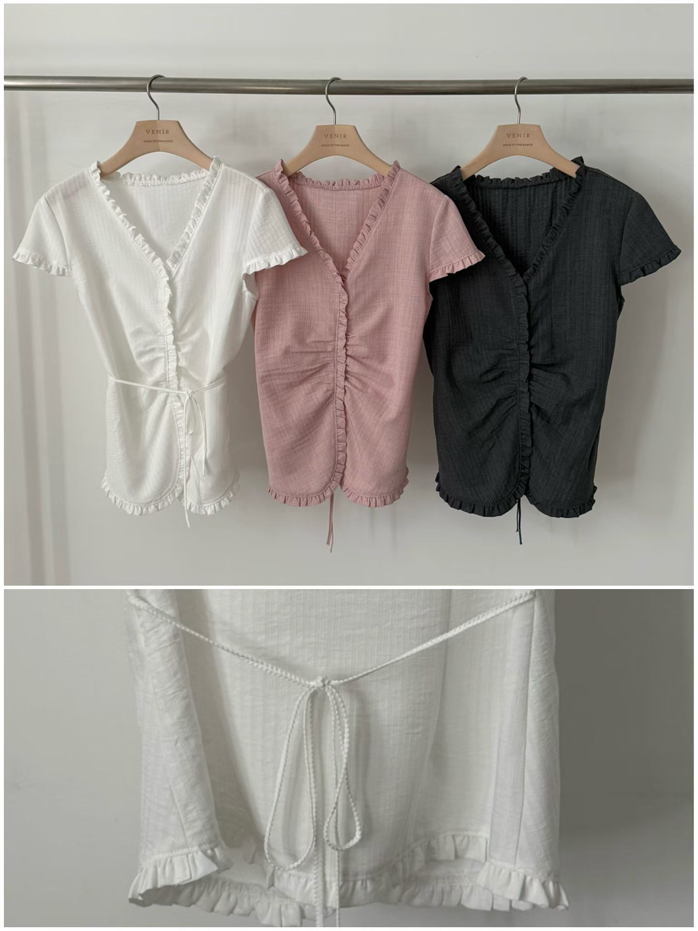 VR6119 荷葉花邊暗格紋上衣