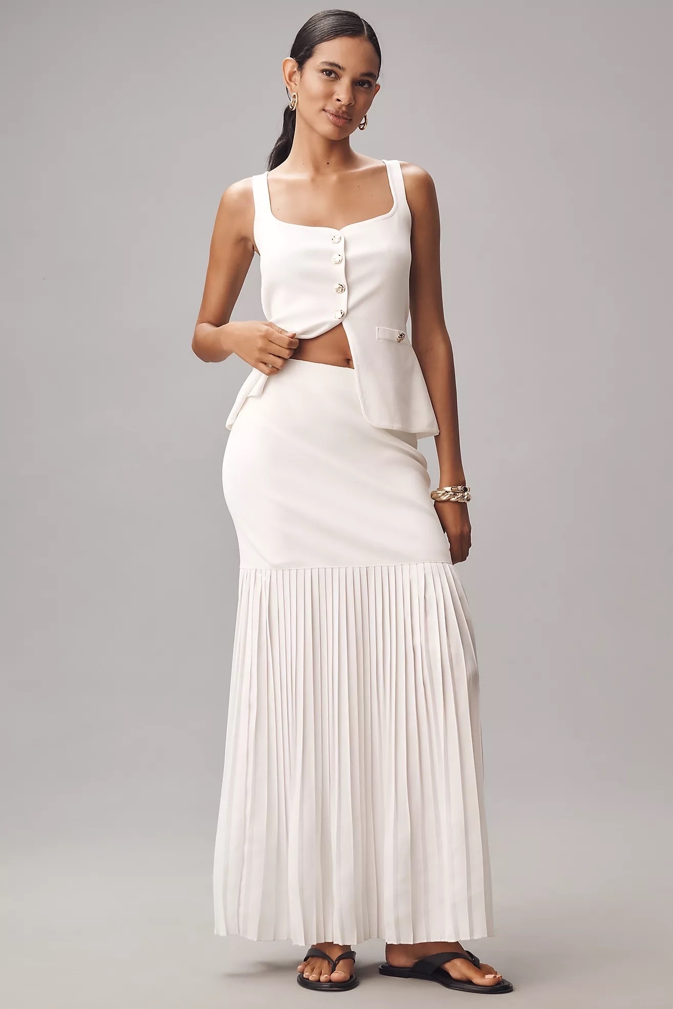 White Summer美國白色針織壓褶紗長裙