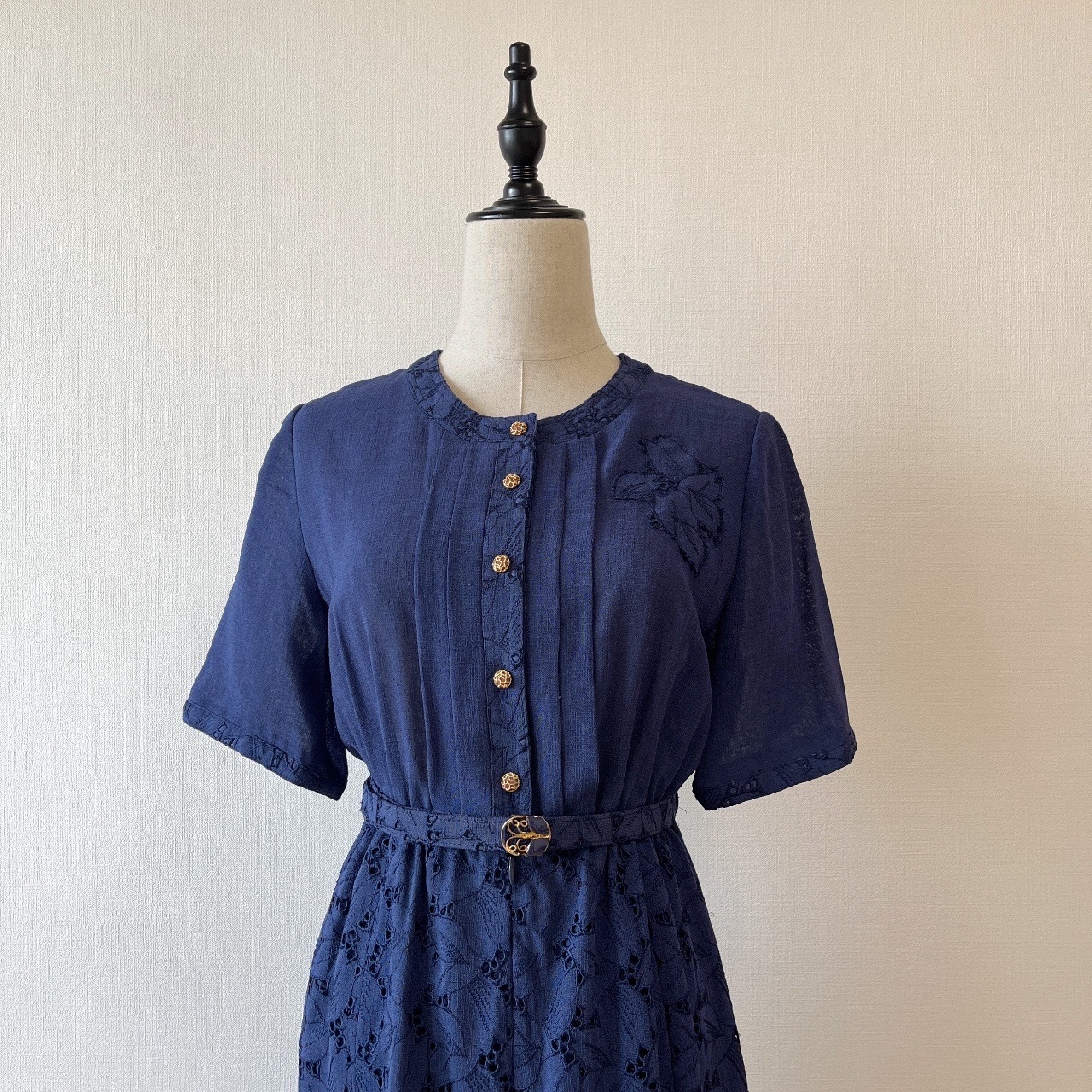 深藍色氣質感刺繡古著連身裙