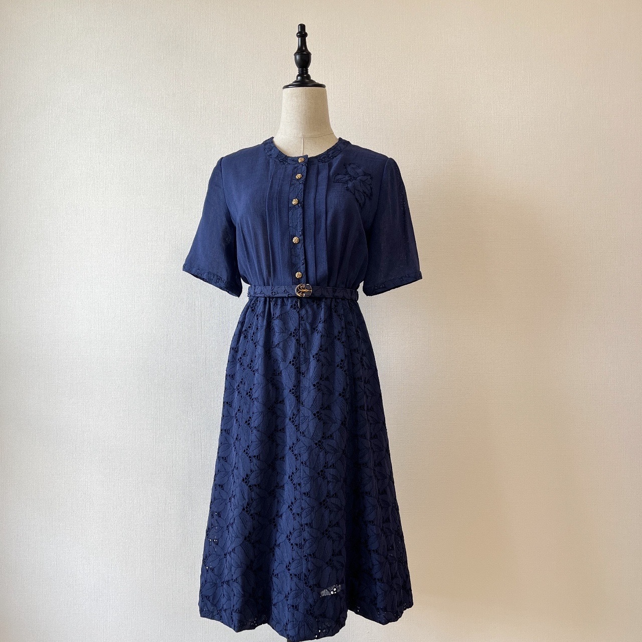 深藍色氣質感刺繡古著連身裙