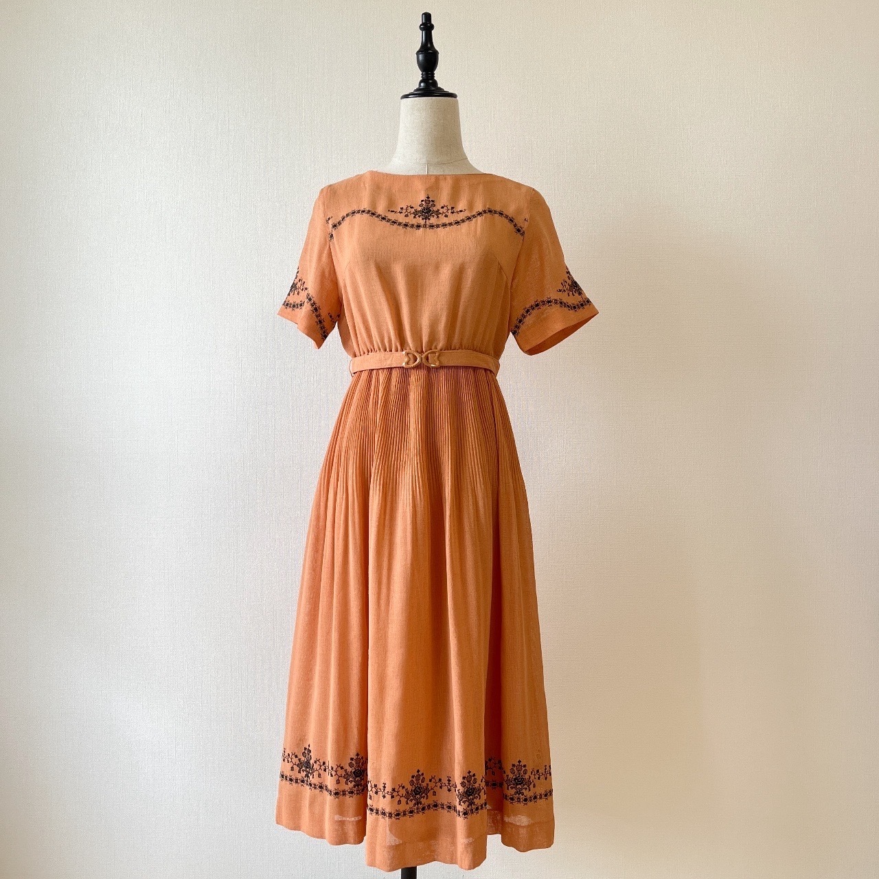 橙色花卉刺繡古著連身裙