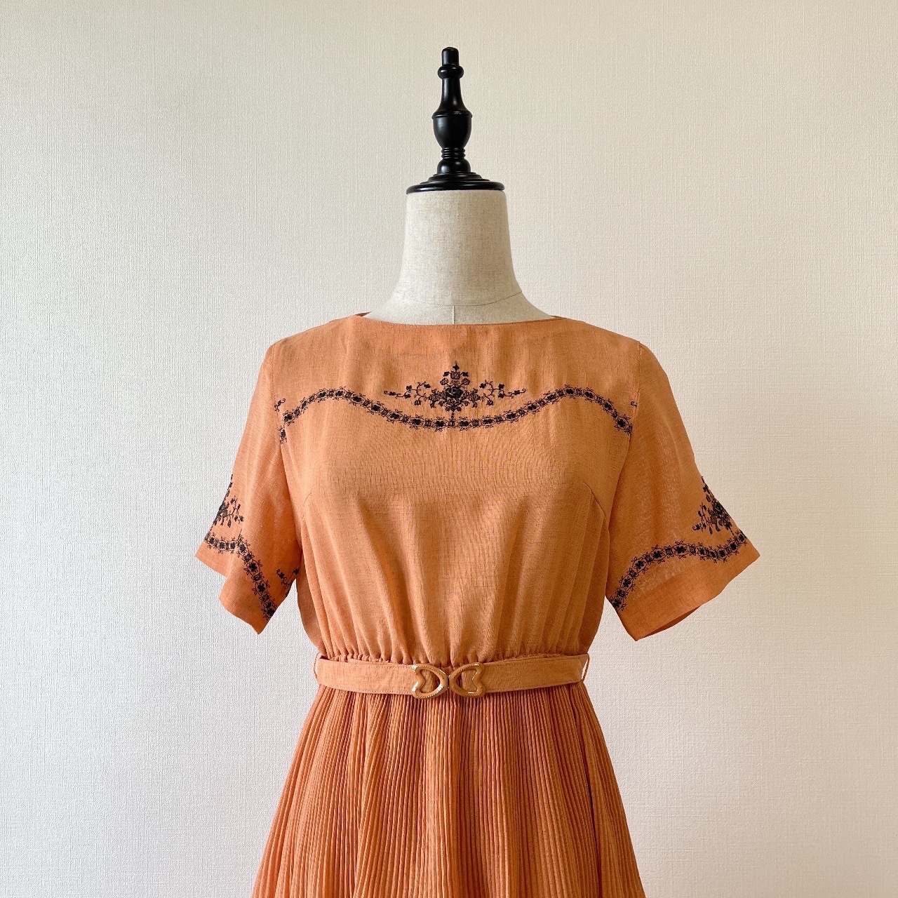 橙色花卉刺繡古著連身裙