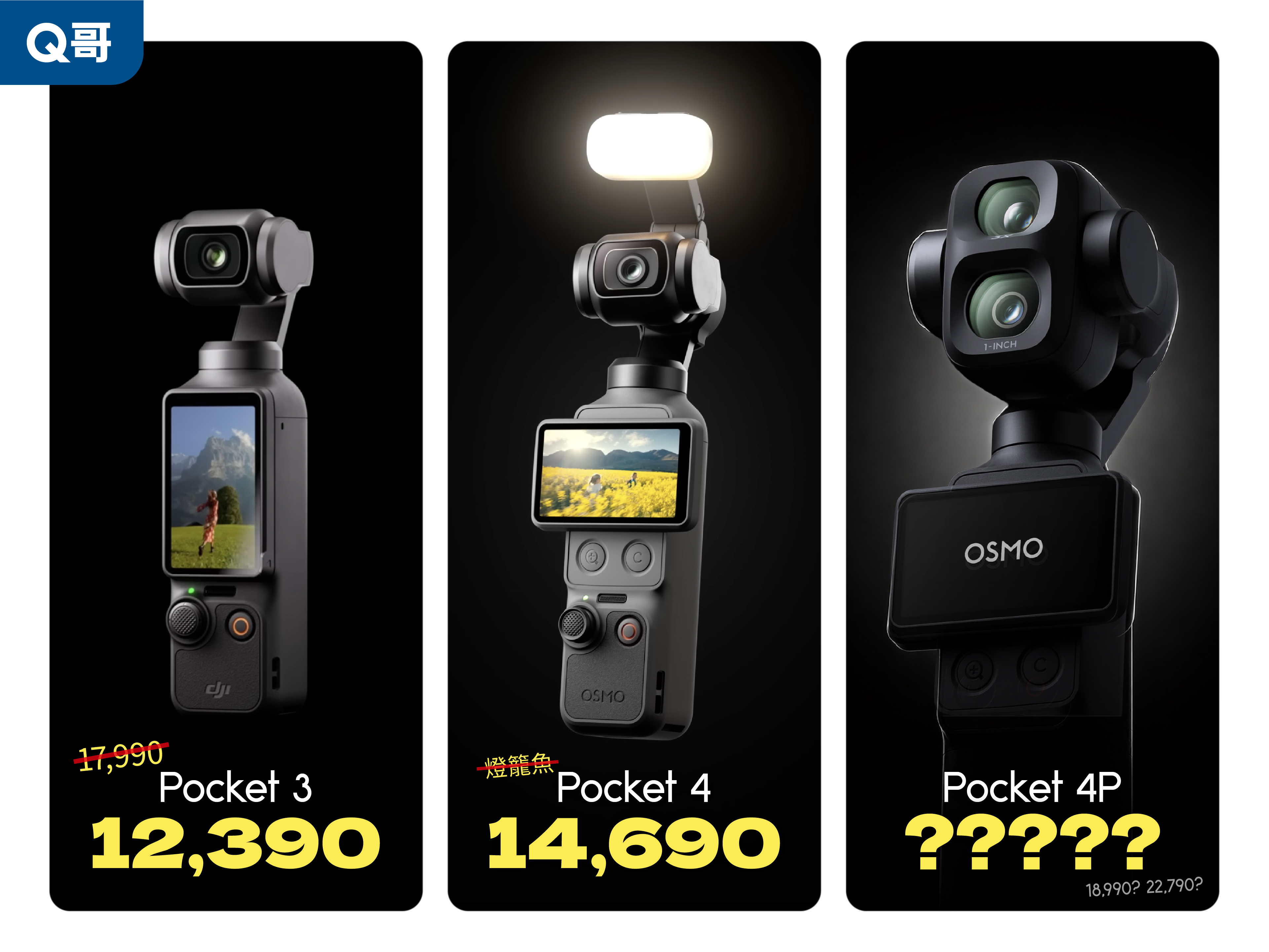 Q哥整理大疆口袋相機選購指南：左為降價的 Pocket 3，中為裝上補光燈的 Pocket 4，右為預測雙鏡頭造型的 Pocket 4P
