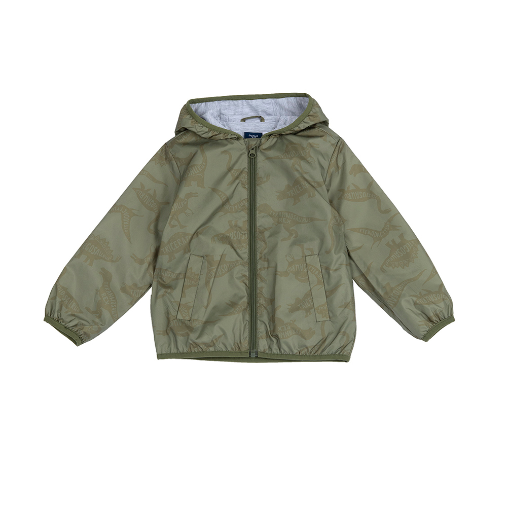 峽谷探險-墨綠滿版恐龍連帽防風外套 C